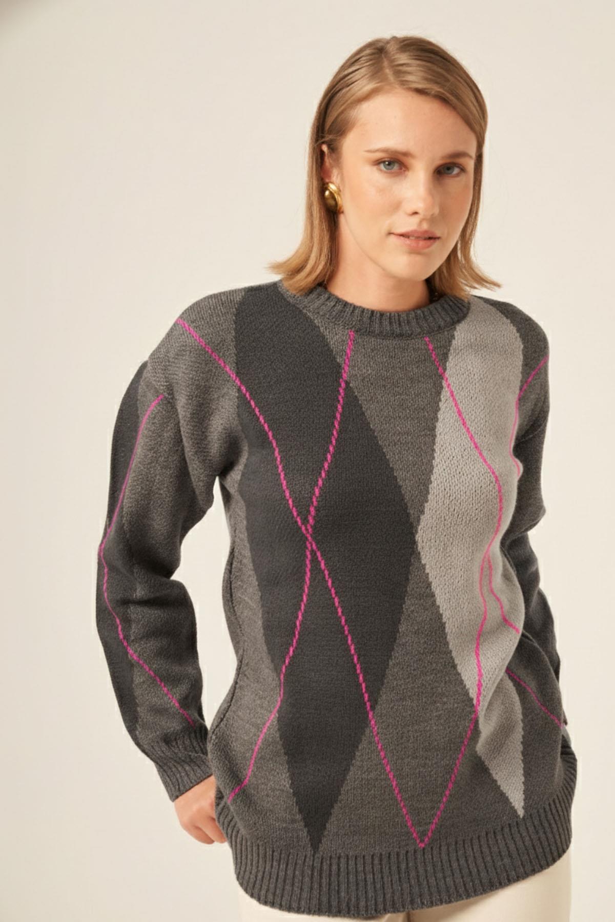 FTZ Women Kadın Baklava Desenli Kazak  Antrasit 25094