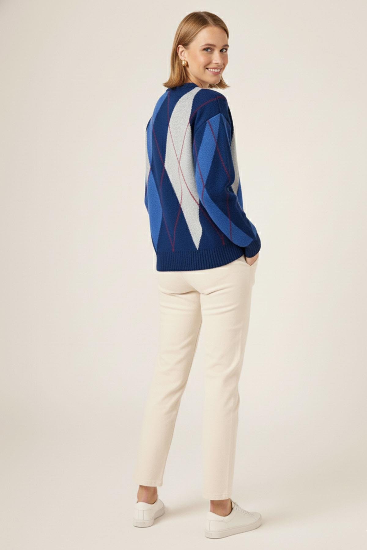 FTZ Women Kadın Baklava Desenli Kazak  Petrol Mavisi 25094