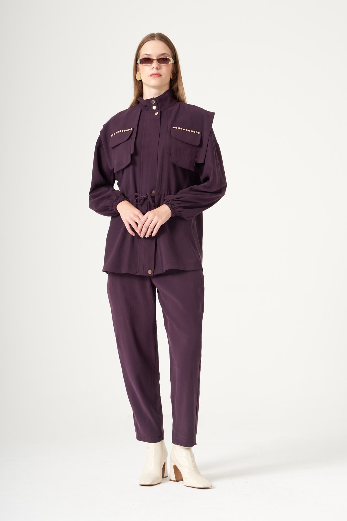 FTZ Women Kadın Cep Taşlı Pantolonlu Takım  Mürdüm 31557