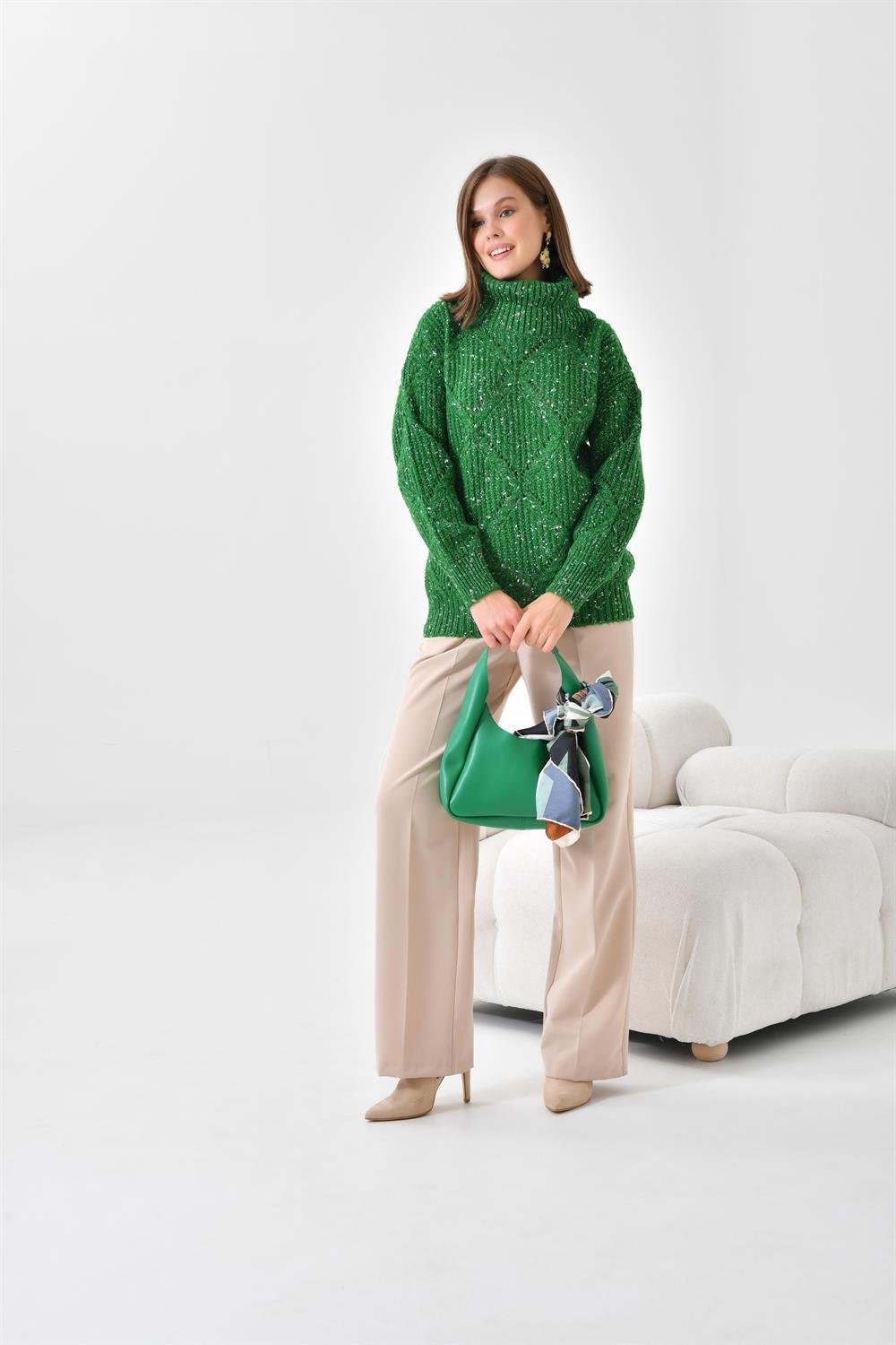 Ftz Women Kadın Degaje Yaka Detaylı Simli Kazak Benetton