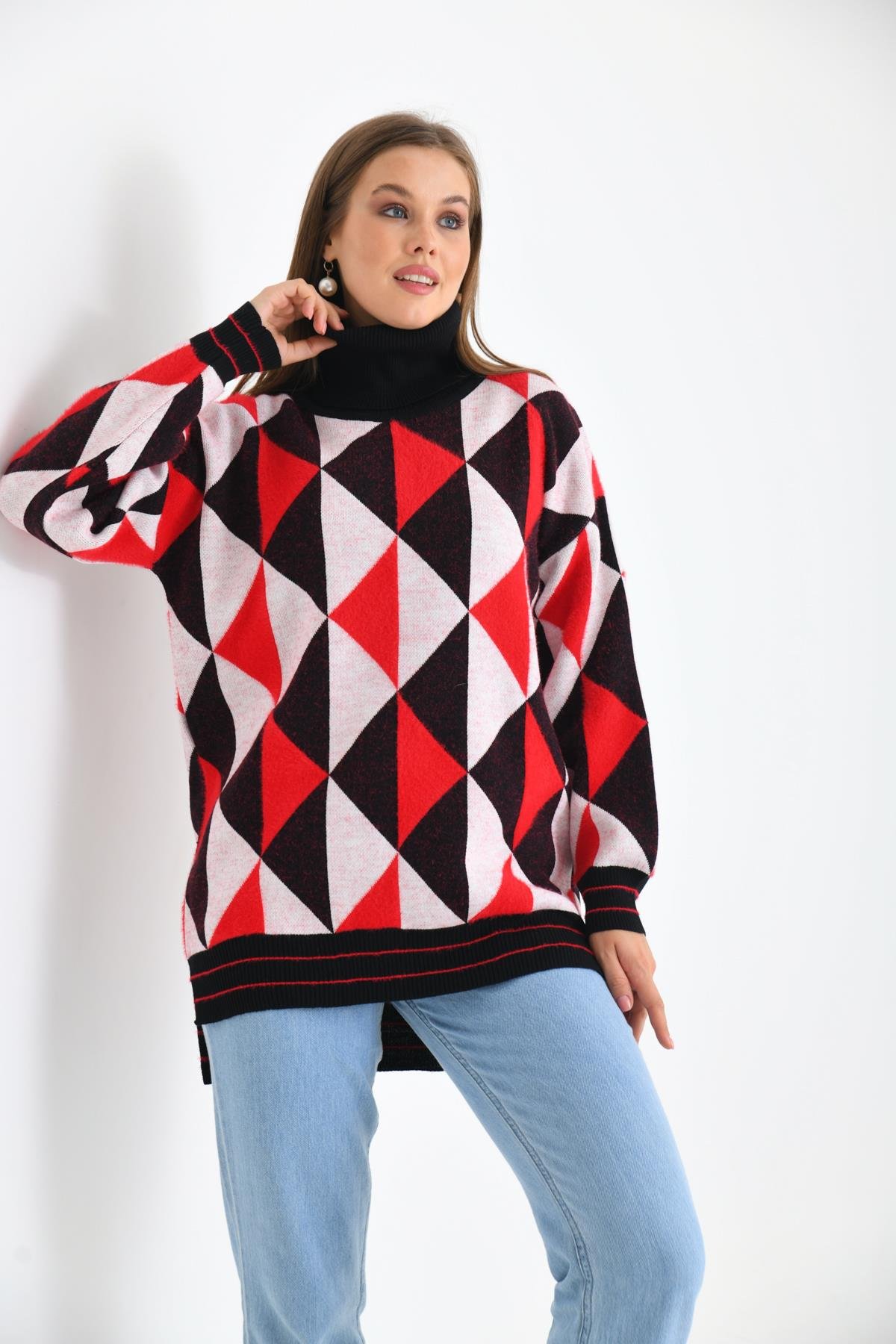 FTZ Women Kadın Degaje Yaka Üçgen Detay Kazak  Siyah 20054