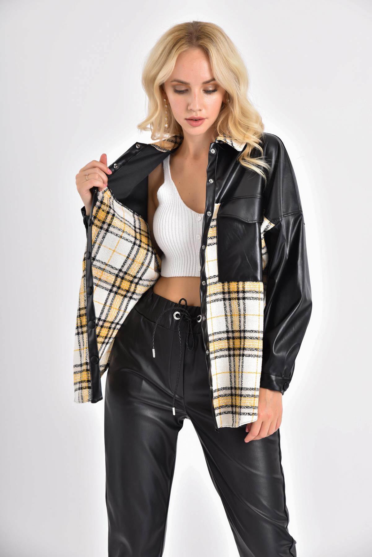 FTZ Women Kadın Deri Detay Ekose Ceket  Siyah 20222509