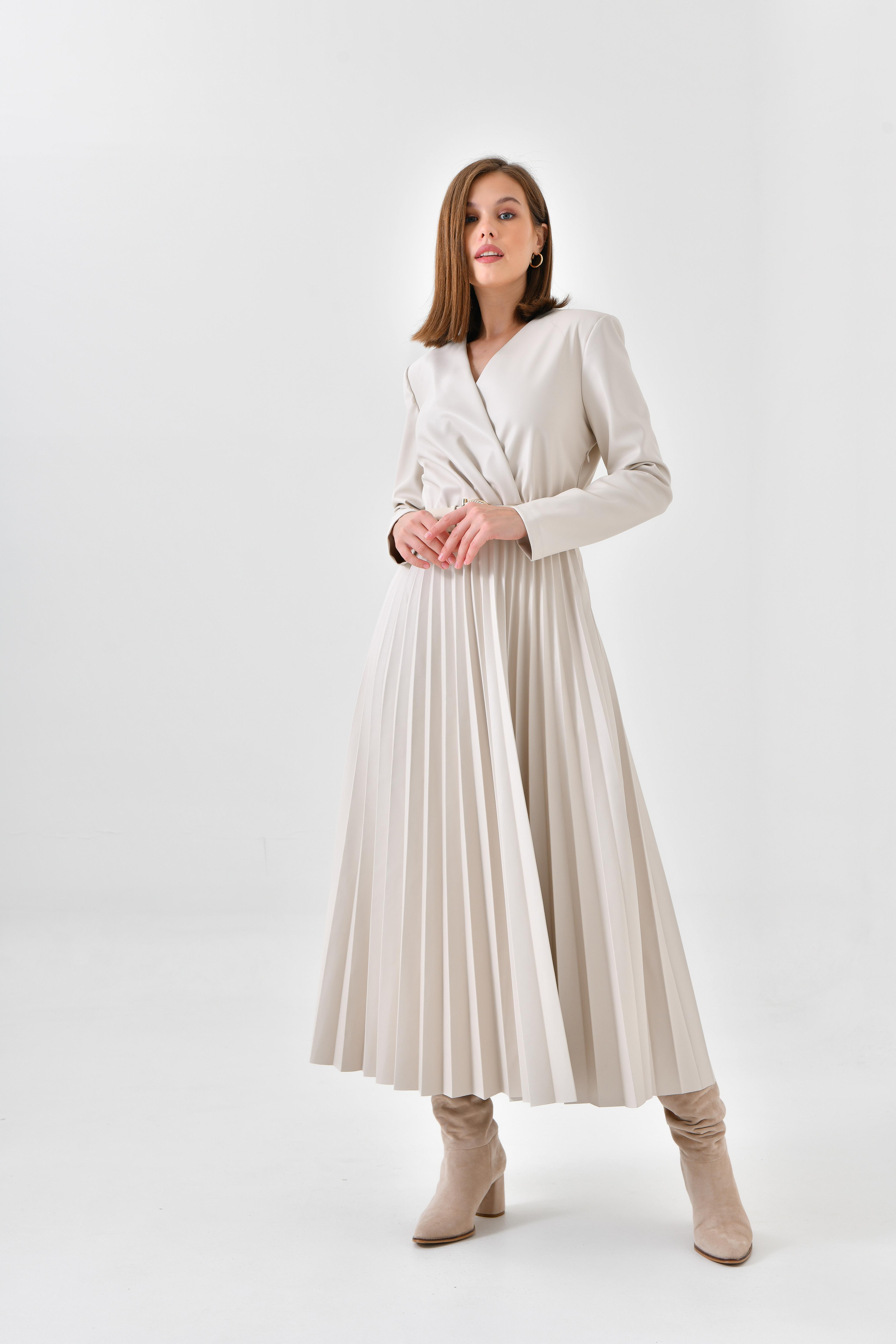 Ftz Women Kadın Deri Pliseli Elbise Beige 30639