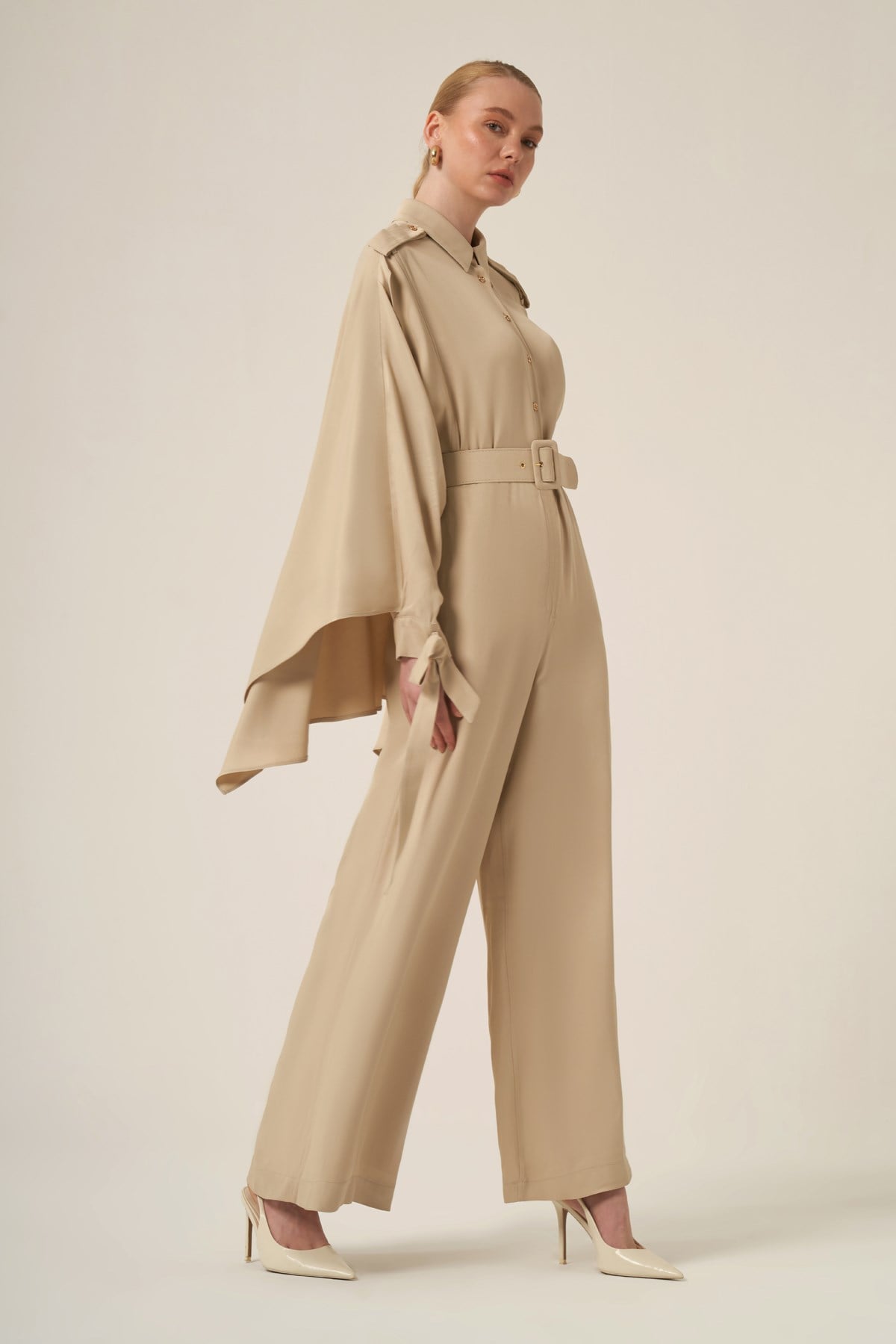 FTZ Women Kadın Doğal Elyaf Şal Detay Tulum  Beige 31340