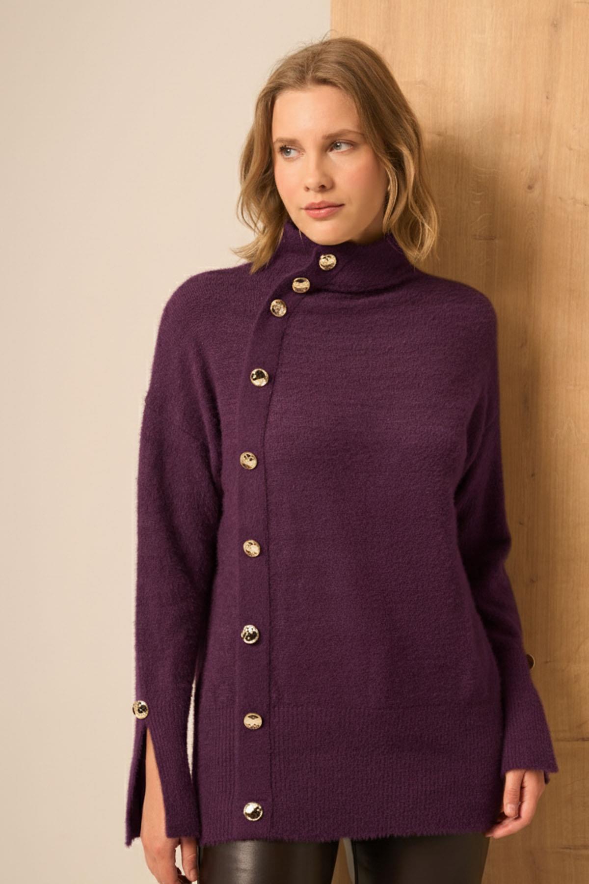 FTZ Women Kadın Düğme Detay Kazak  Mor 25064
