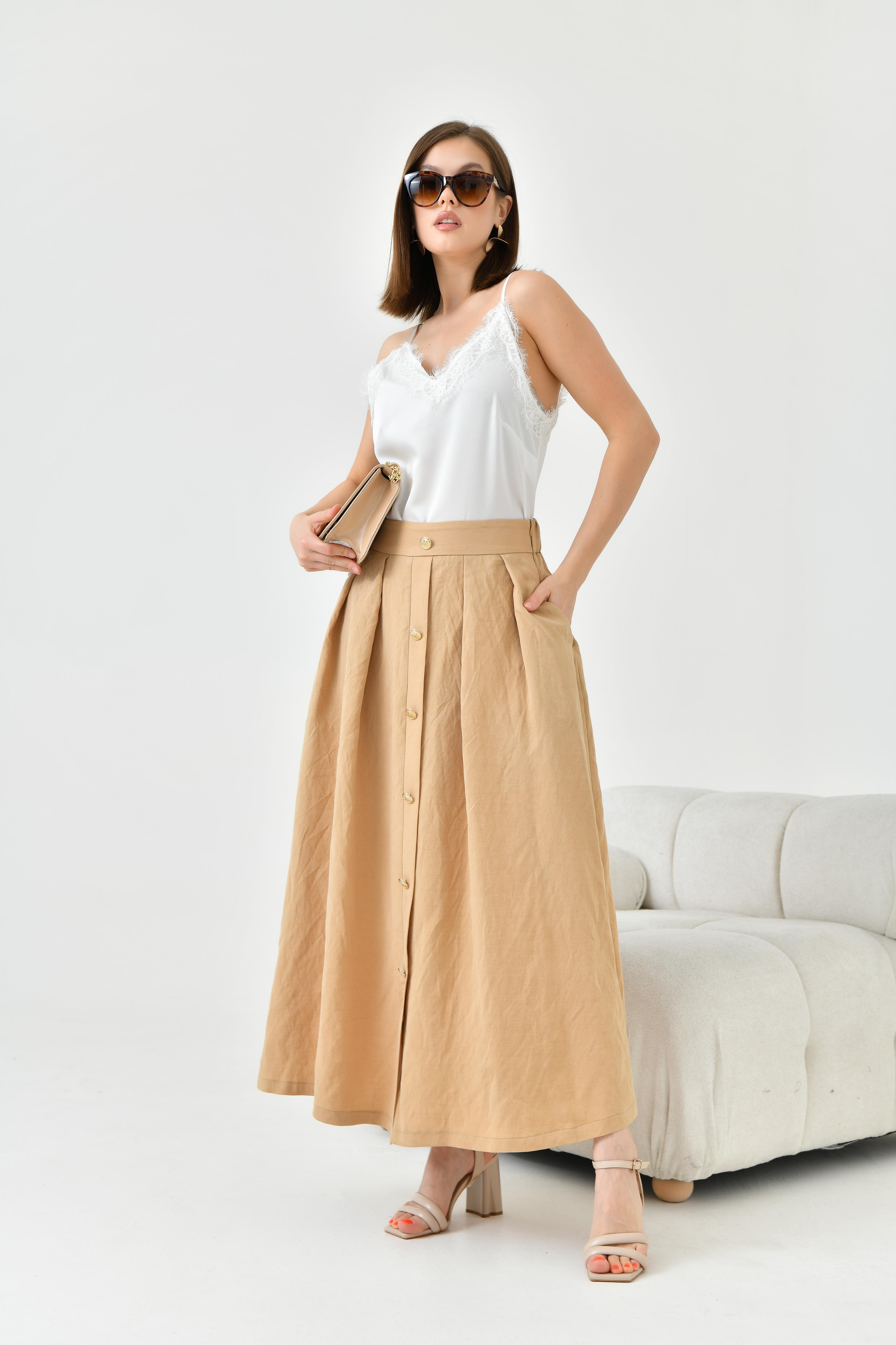 FTZ Women Kadın Düğmeli Etek  Beige 30819