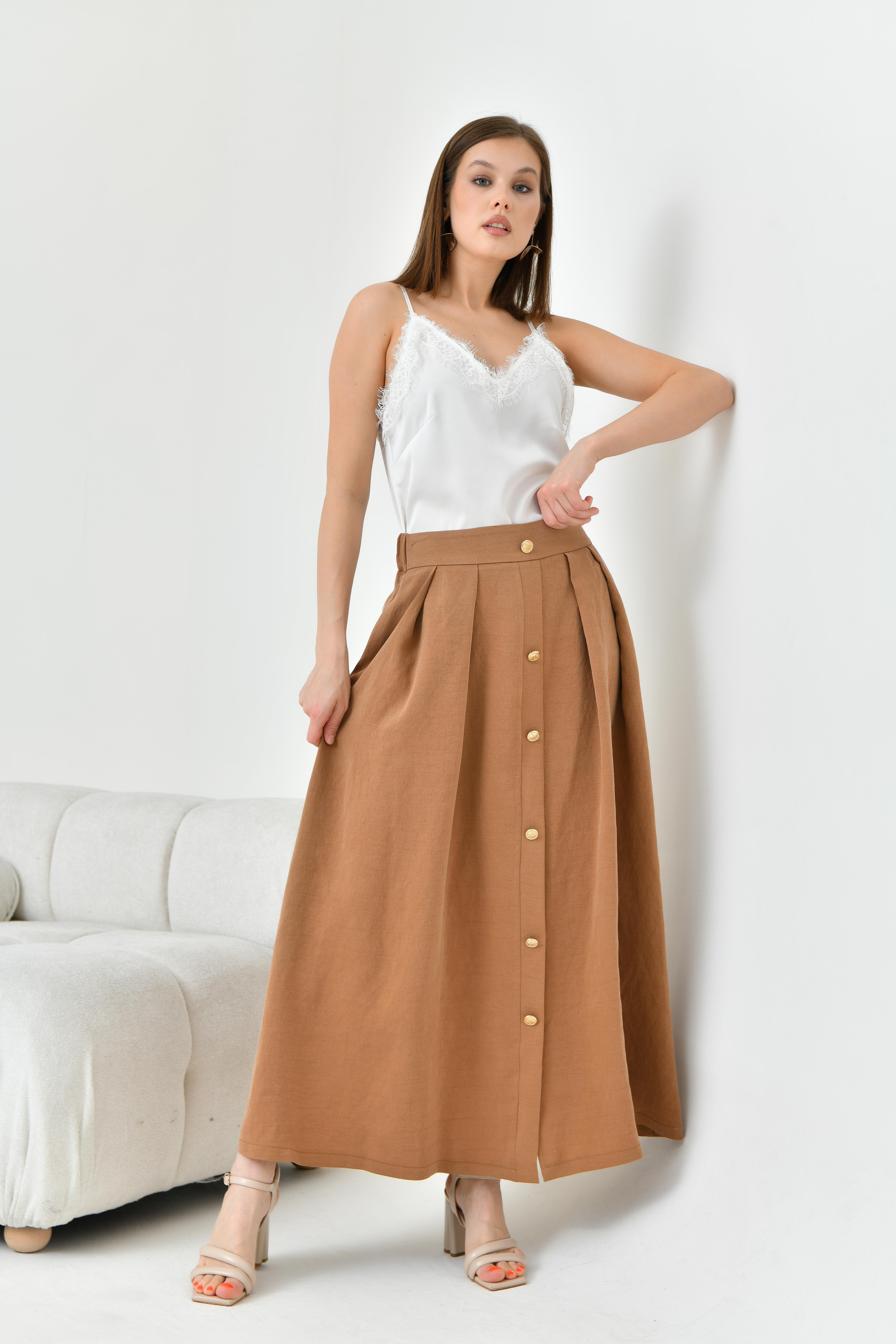 FTZ Women Kadın Düğmeli Etek Kakao 30819