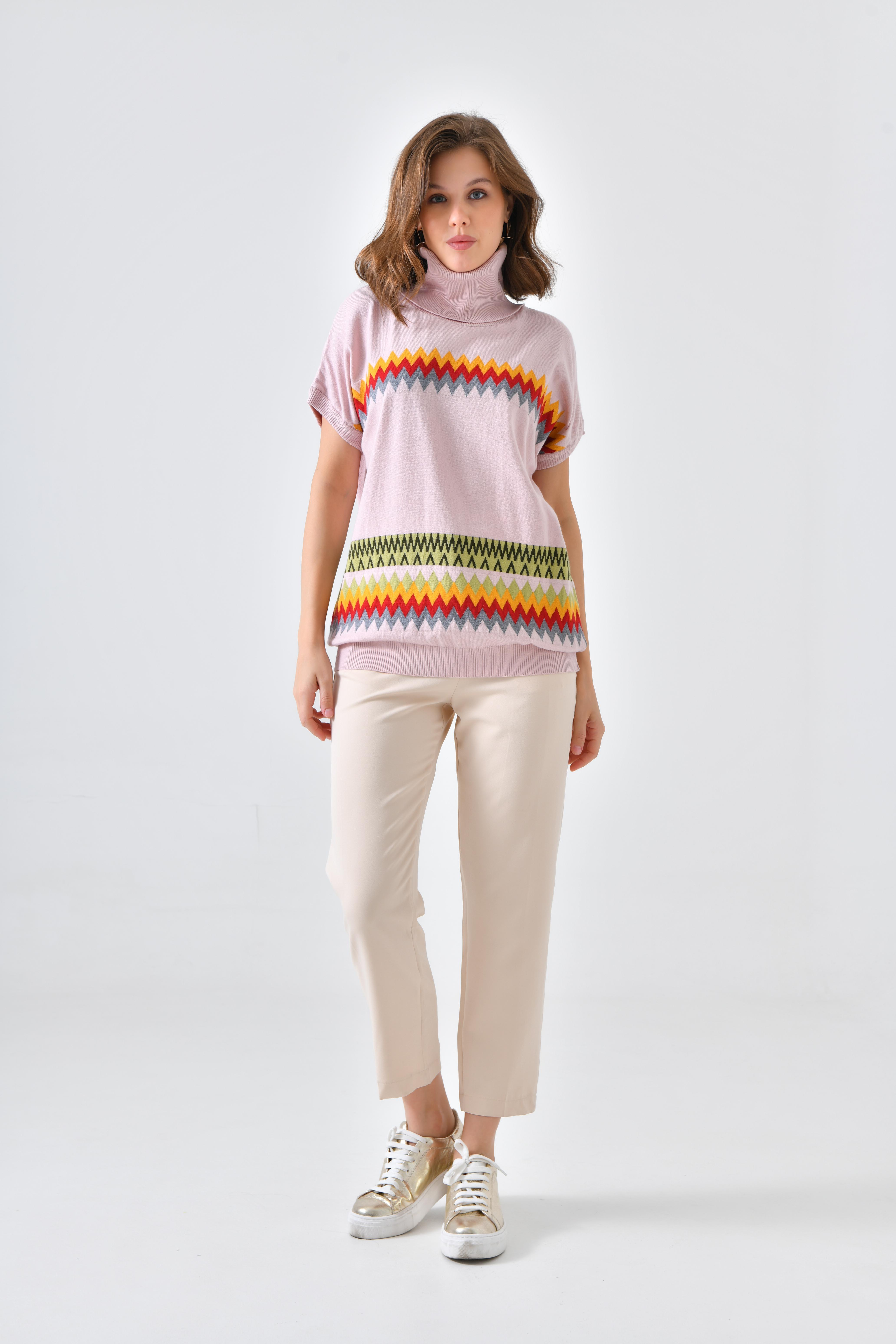 FTZ Women Kadın Etnik Desenli Süveter  Pudra 20073