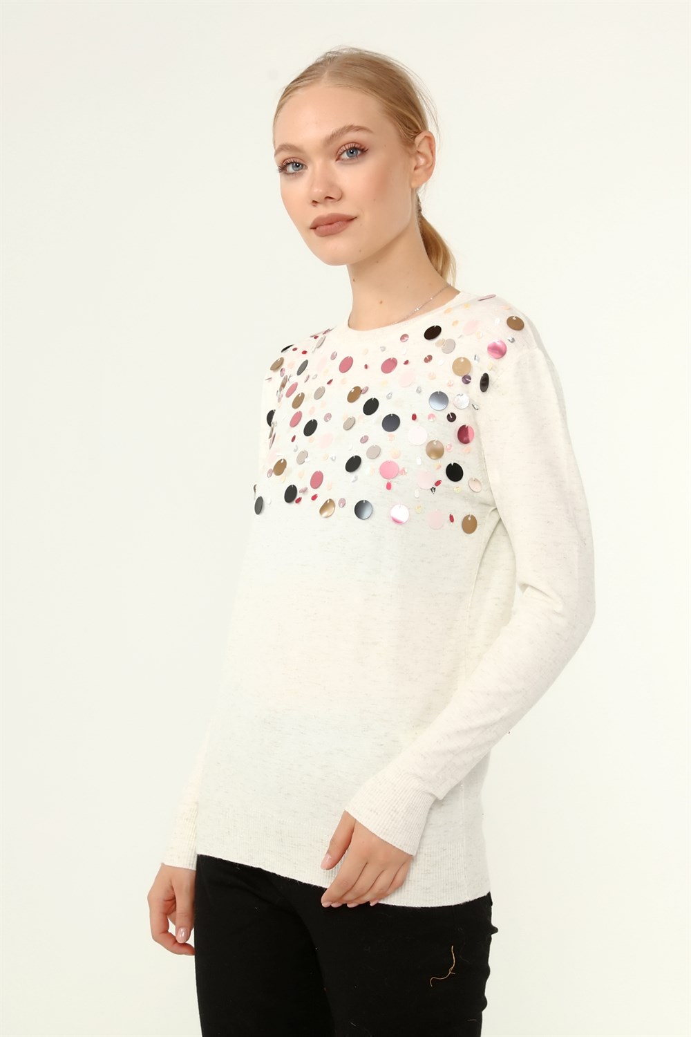 FTZ Women Kadın Göğüs Boncuk Detay Kazak KEMİK