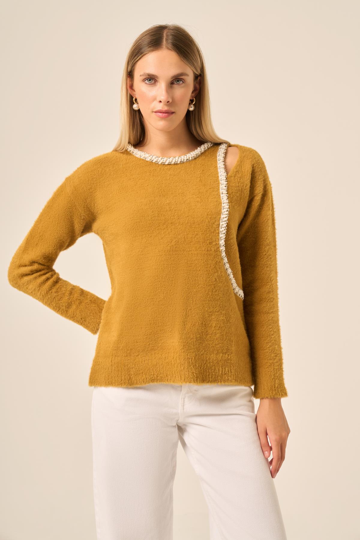 FTZ Women Kadın İnci Detay Kazak  Hardal 25061