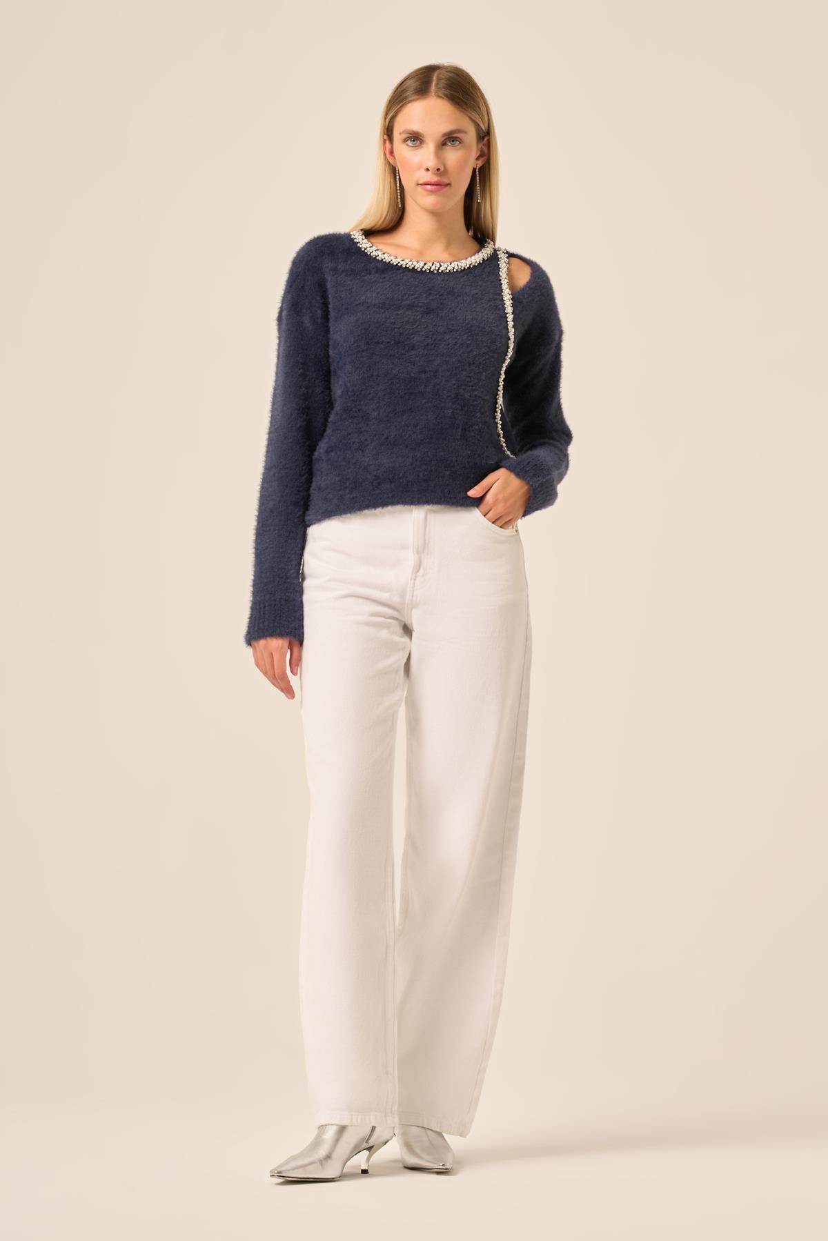 FTZ Women Kadın İnci Detay Kazak  Lacivert 25061