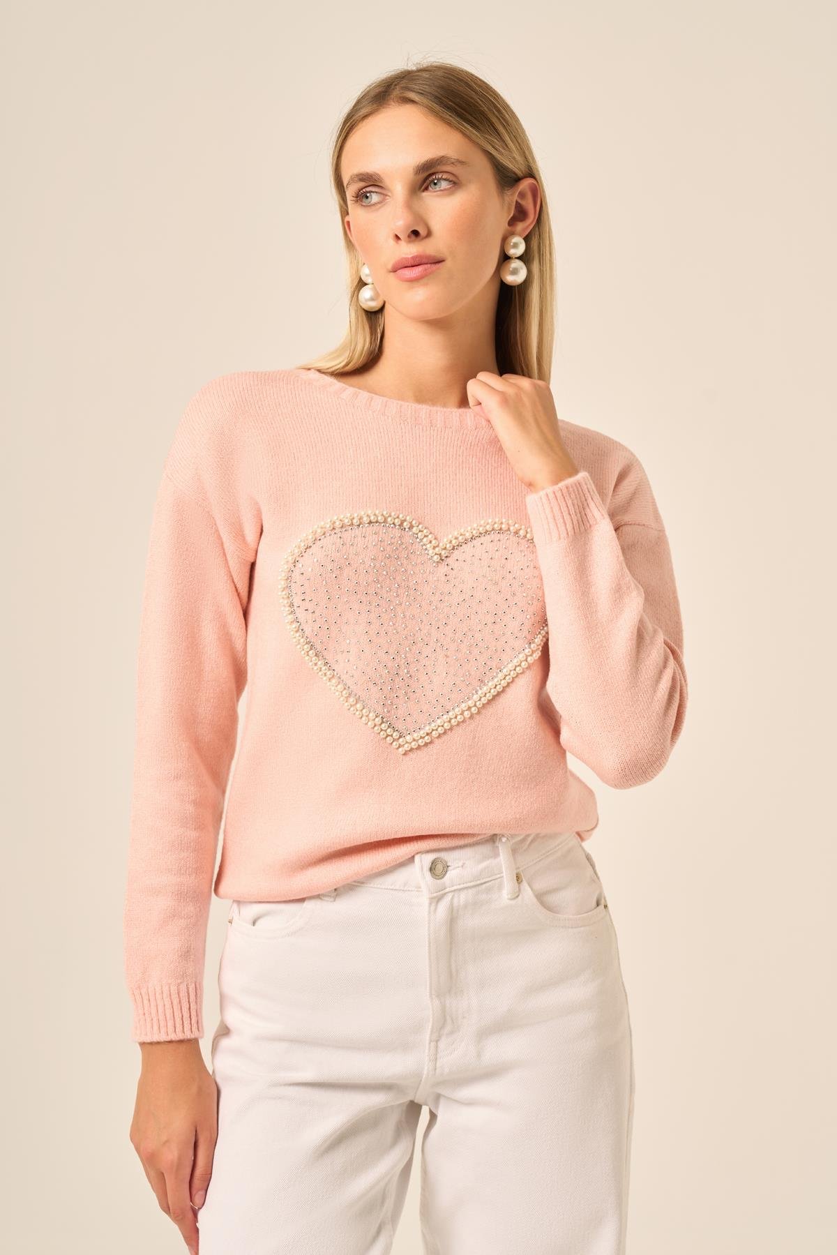 FTZ Women Kadın Kalp Detay Şardon Kazak  Pudra 25214