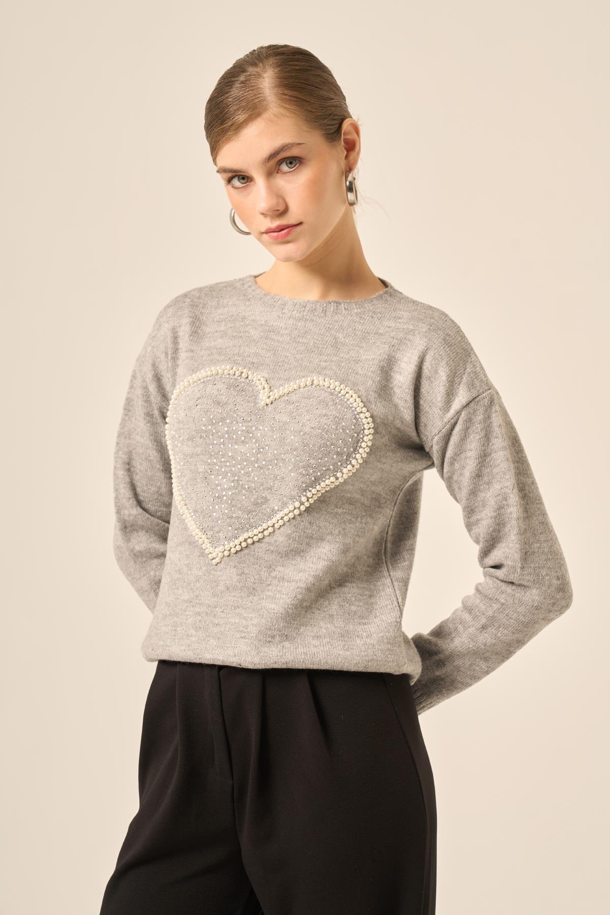 FTZ Women Kadın Kalp Detay Şardon Kazak  Gri 25214