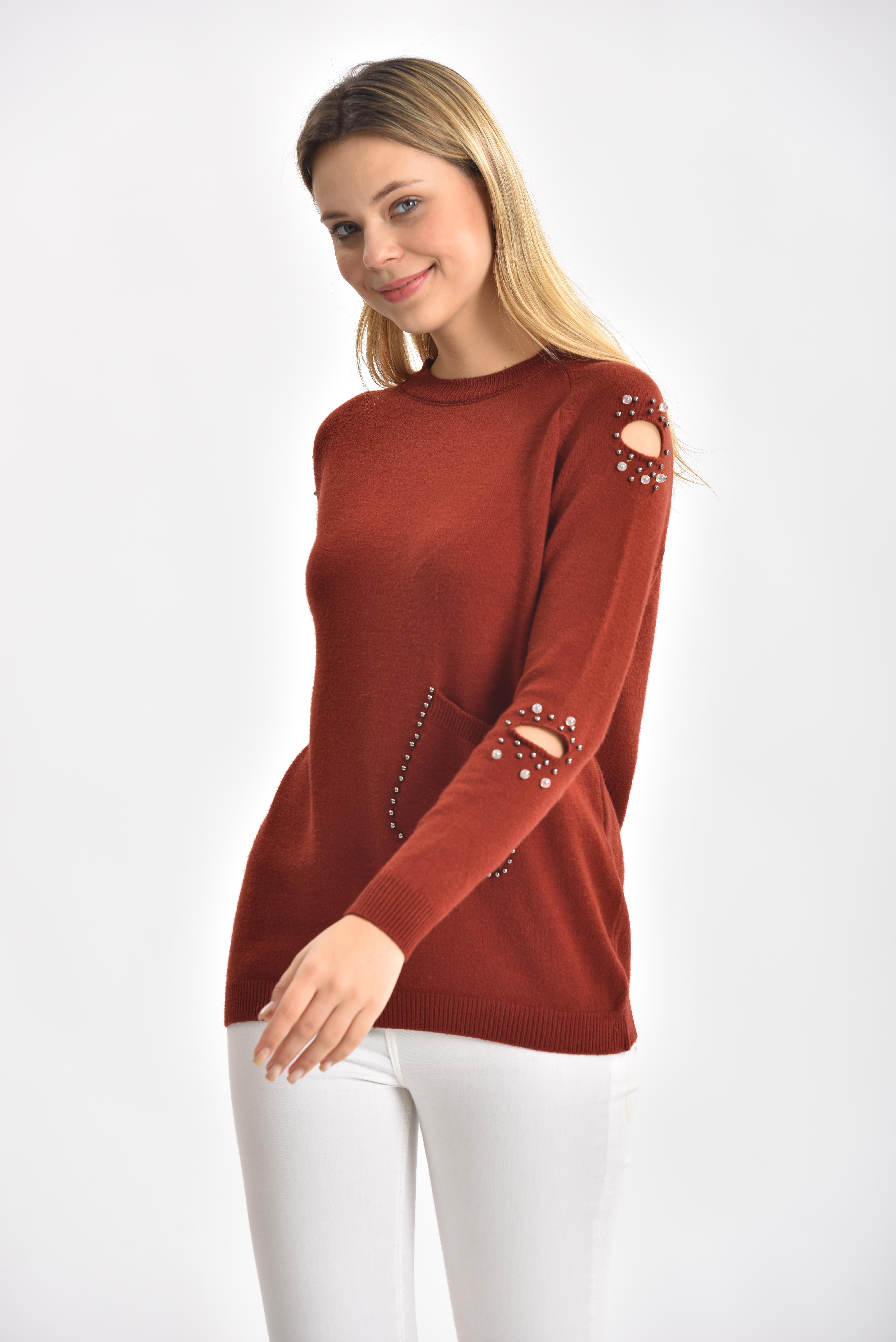 FTZ Women Kadın Kol Detay İnci İşlemeli Kazak  Kiremit 21-1008