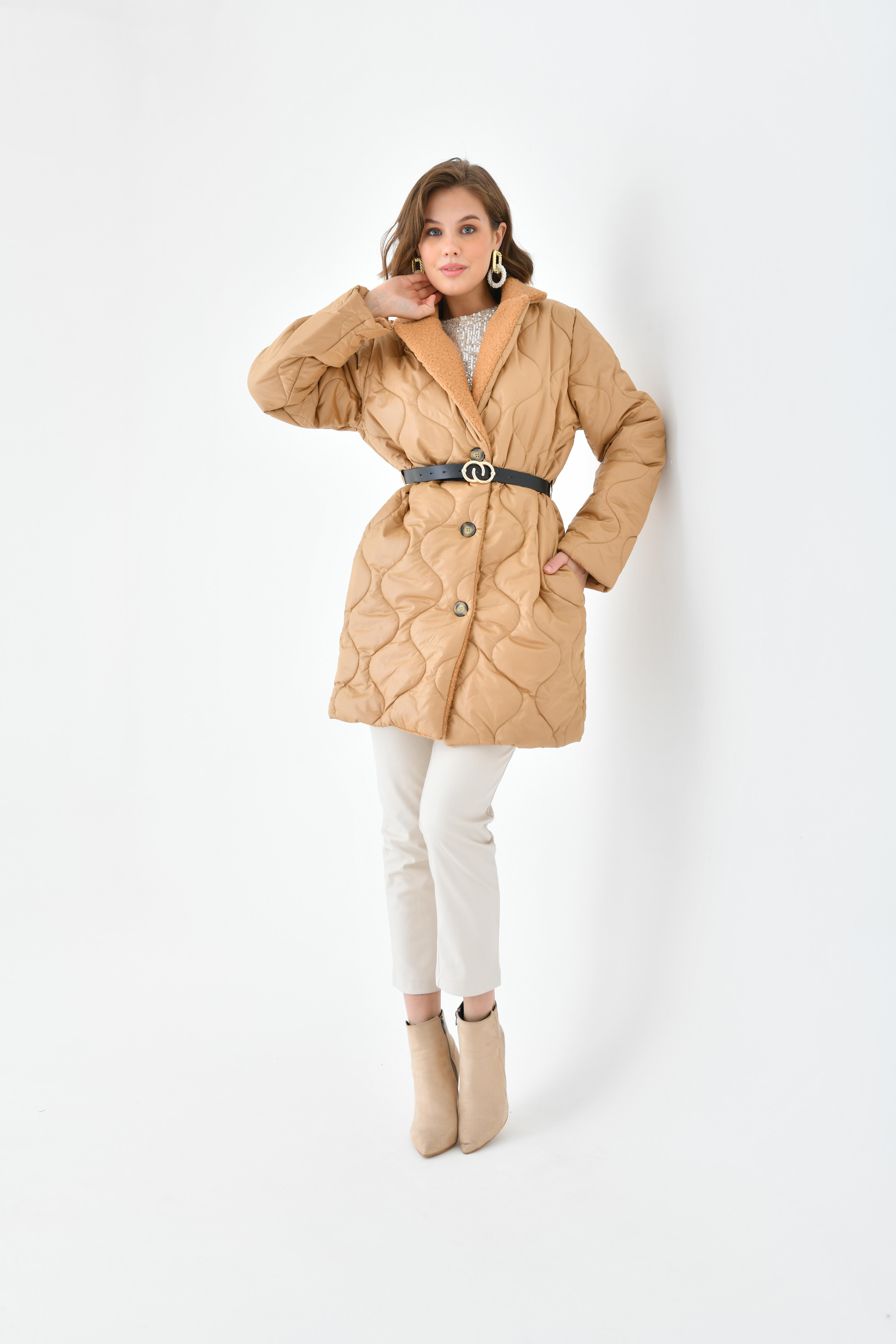 qfb17様 FTZ Women Kadın Kürk Detay Kaban Camel RBN4067