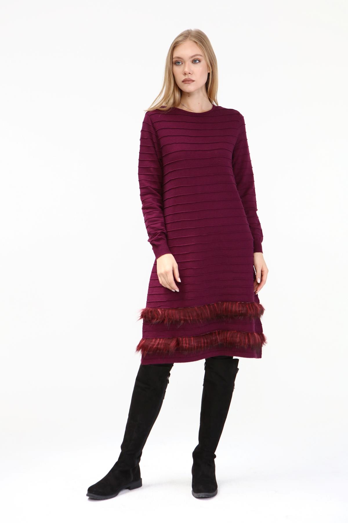 FTZ Women Kadın Kürk Detaylı Tunik  Mürdüm 19-872