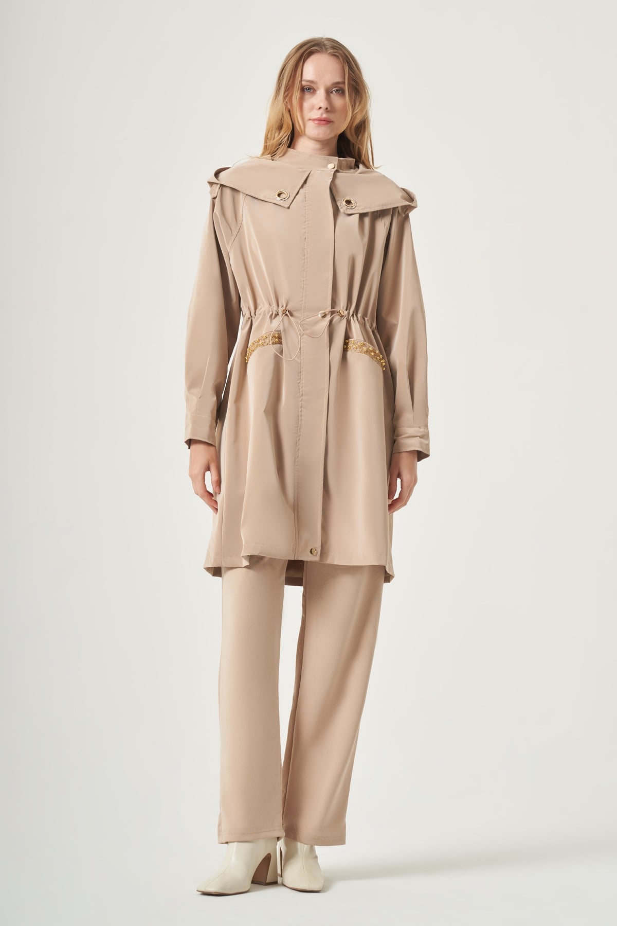 FTZ Women Kadın Kuş Göz Detay Nova Trenç  Camel 31534
