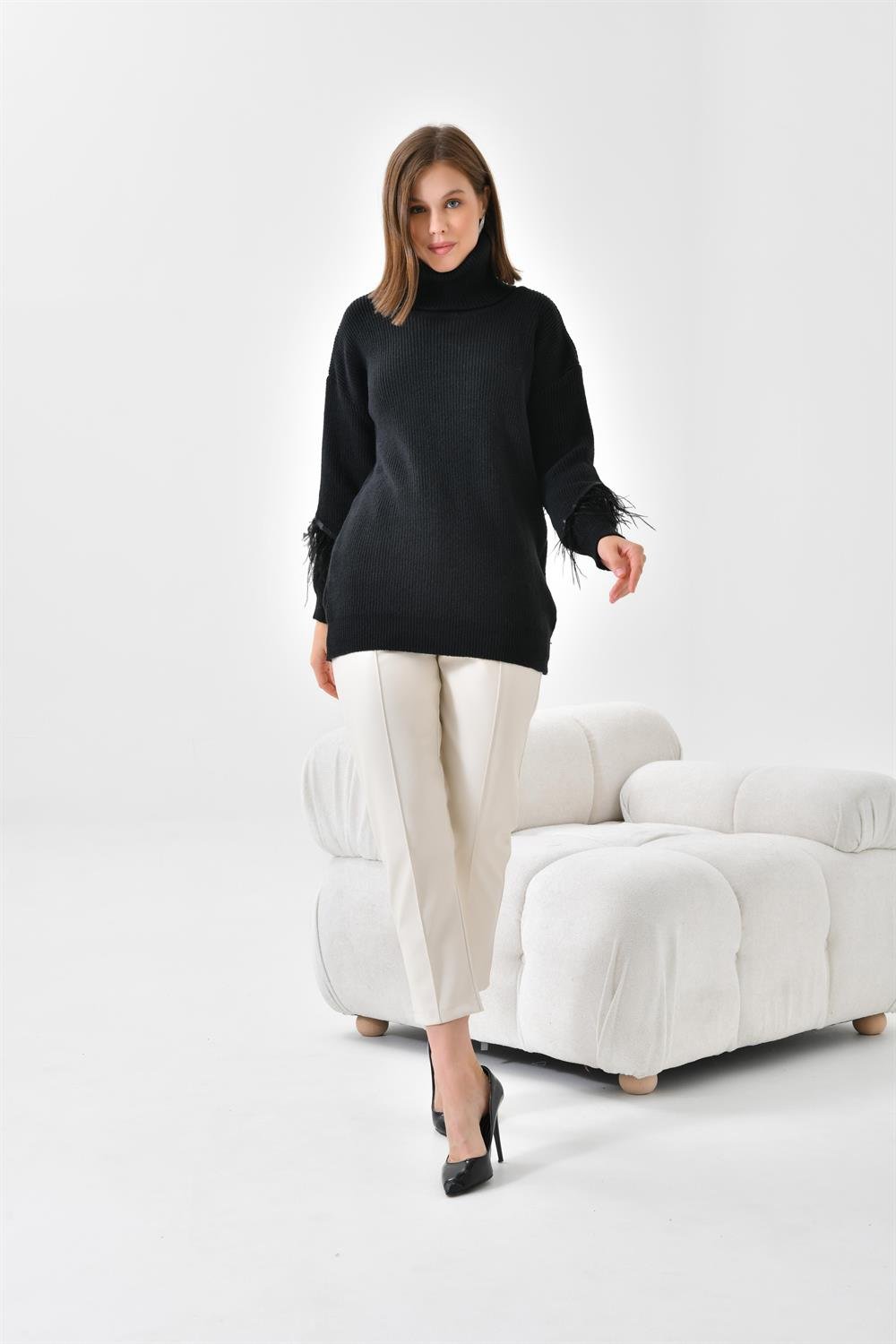 Ftz Women Kadın Kuş Tüyü Detaylı Kazak Siyah
