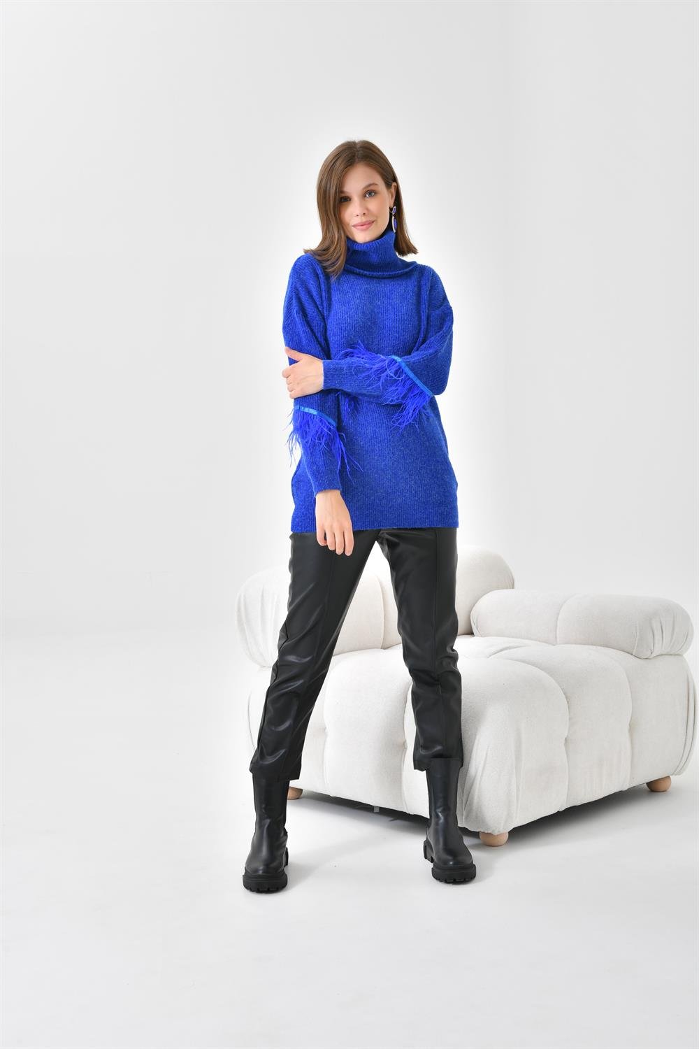 Ftz Women Kadın Kuş Tüyü Detaylı Kazak Saks Mavi