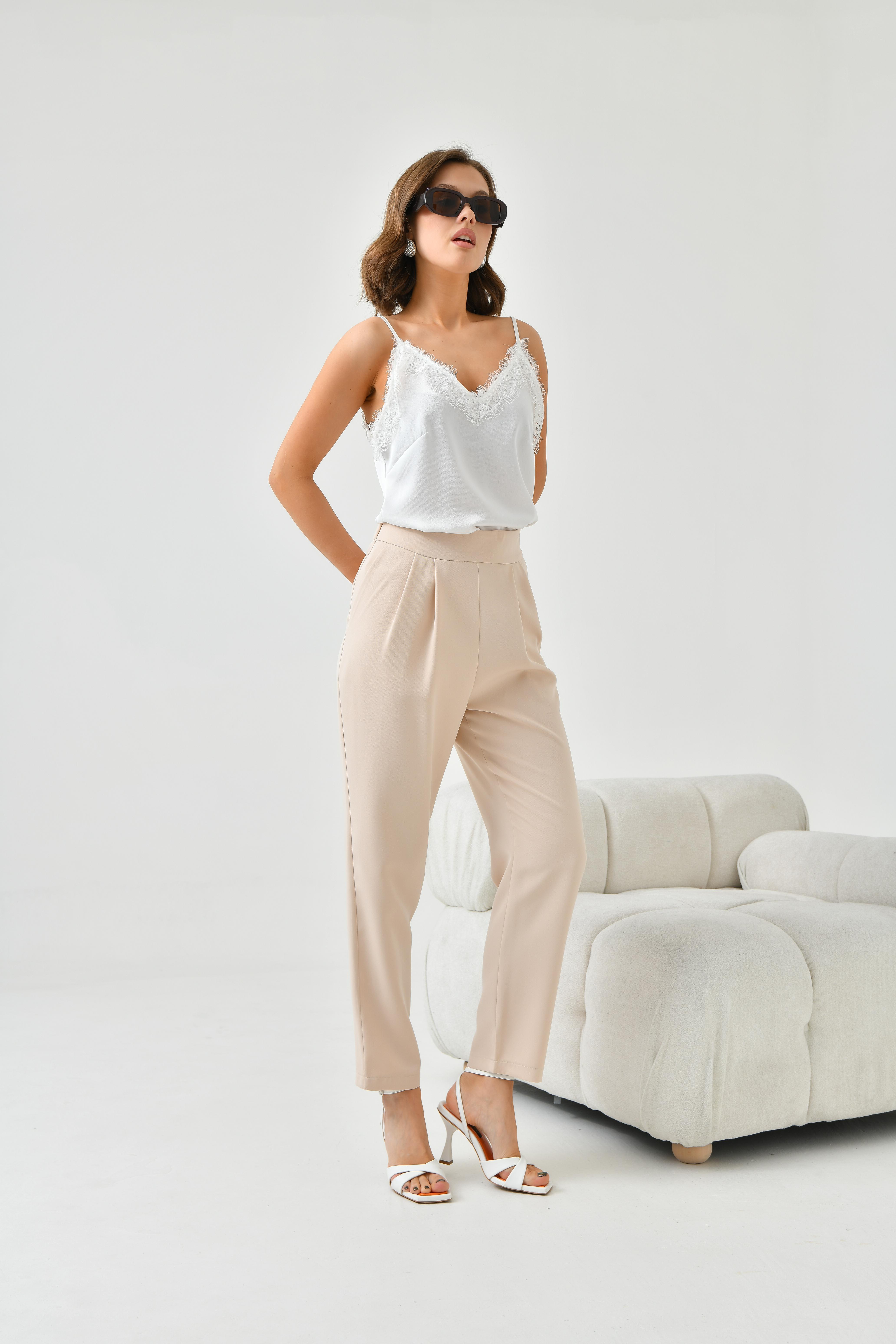 Ftz Women Kadın Lastikli Pleli Dar Paça Pantolon Beige 30744