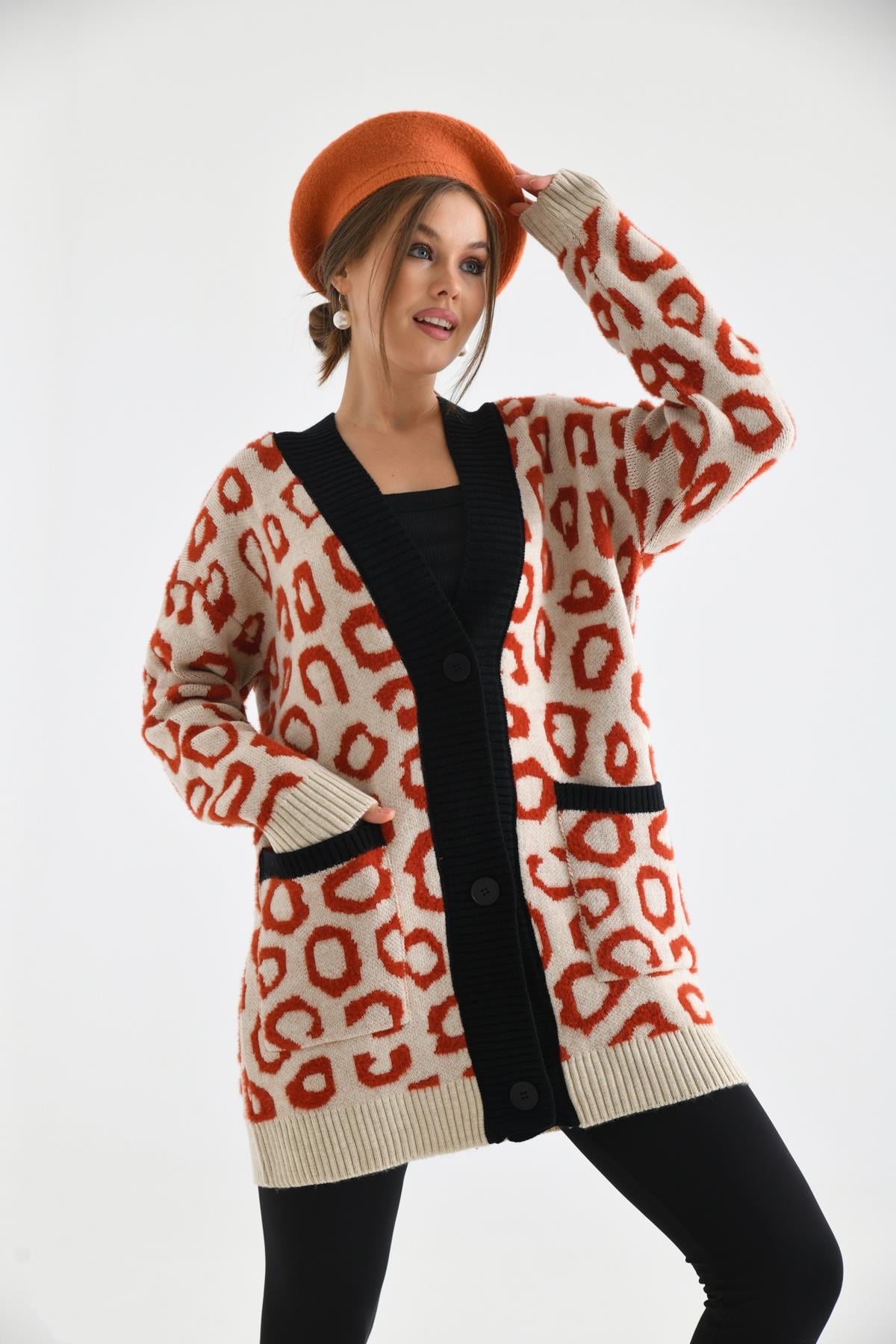 FTZ Women Kadın Leopar Detaylı Hırka  Taş 20001