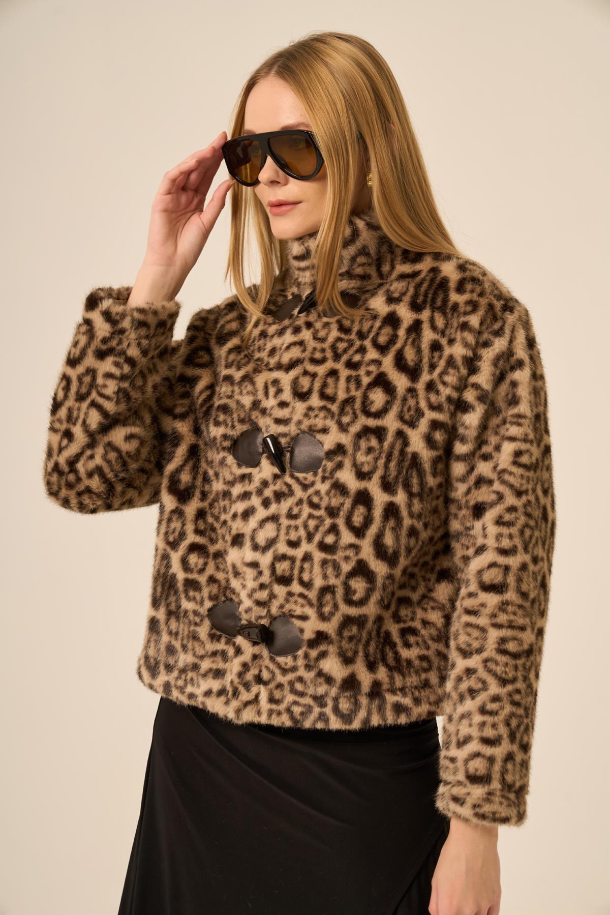 FTZ Women Kadın Leopar Kısa Kaban  Beige 31274