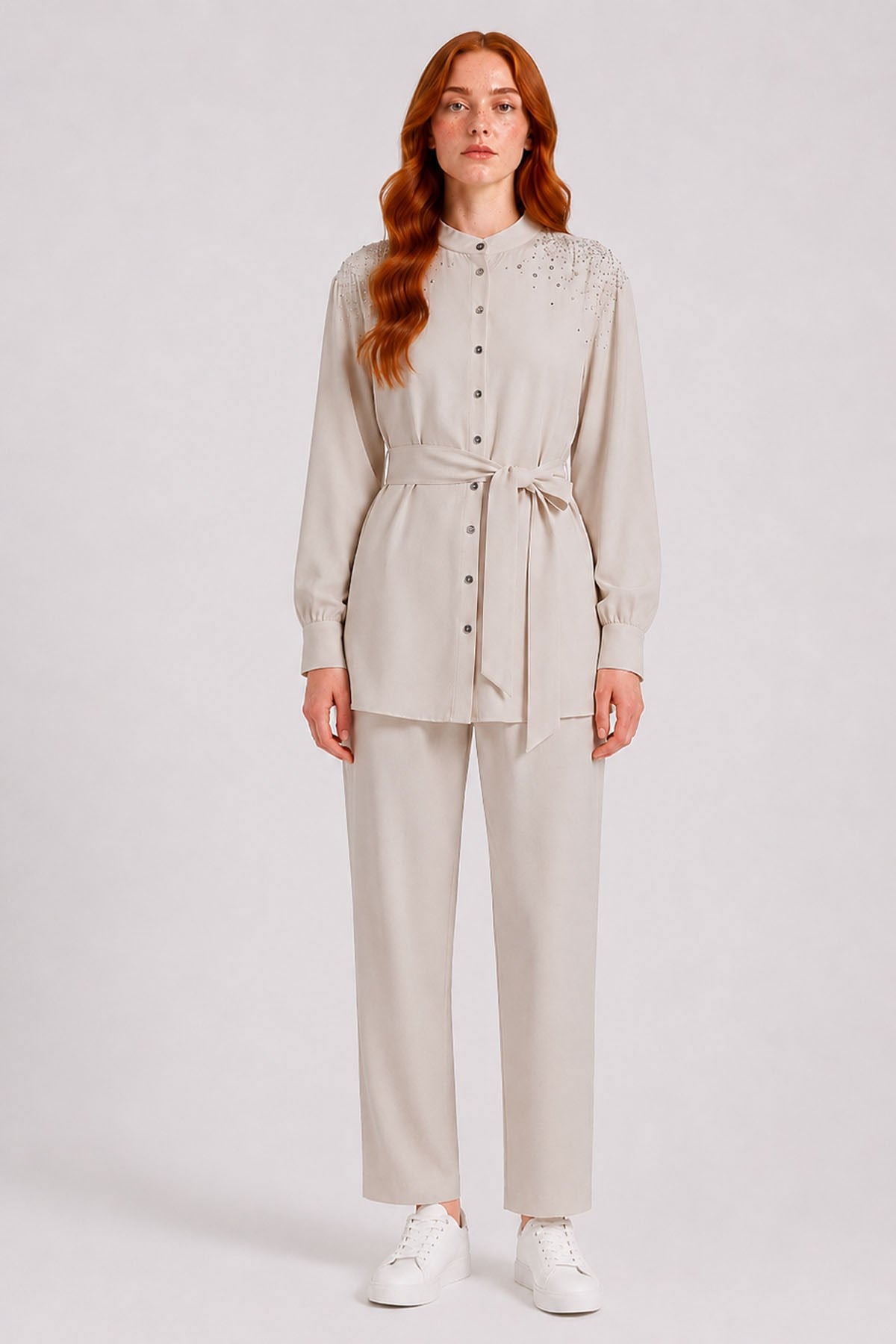 FTZ Women Kadın Omuz Taşli Tencel Takım  Beige 31414