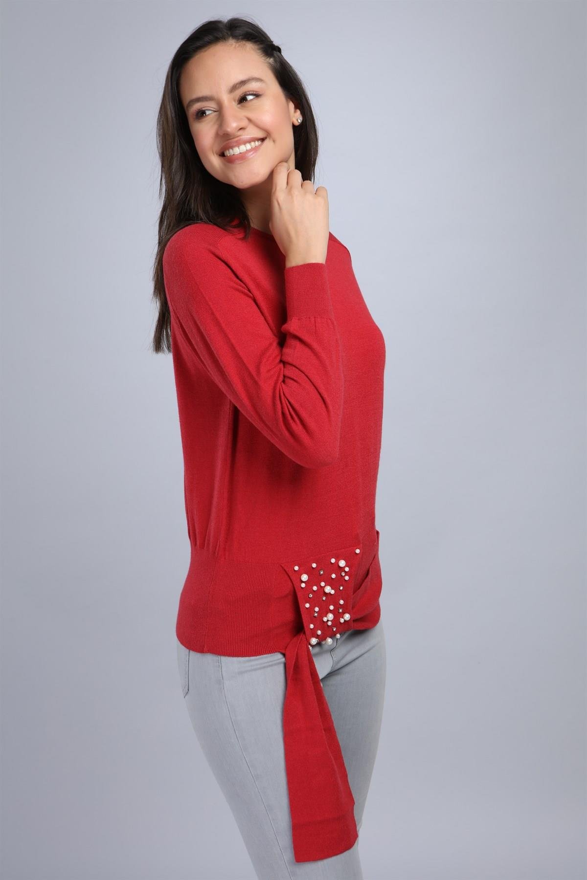 FTZ Women Kadın Önü İncili Bluz  Kırmızı 20-570