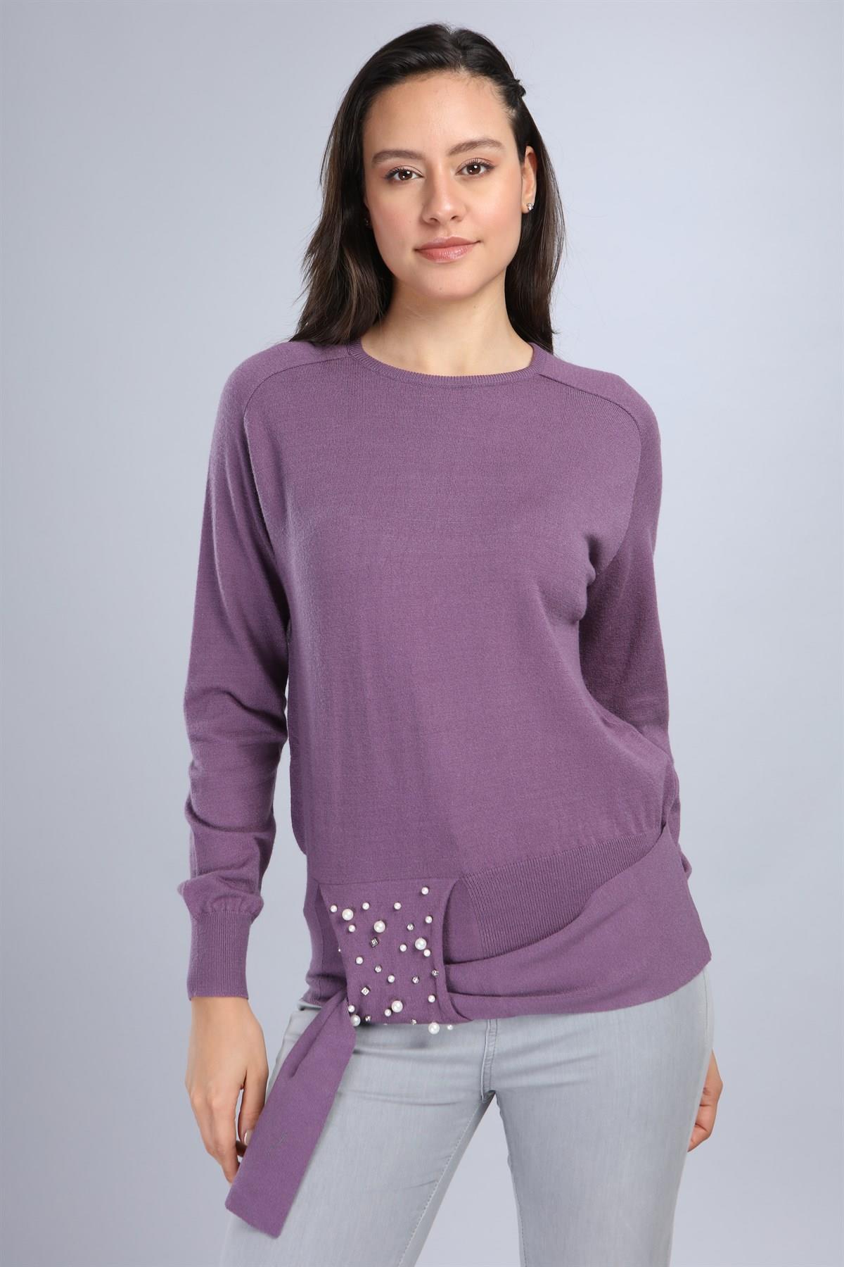 FTZ Women Kadın Önü İncili Bluz  Lila 20-570