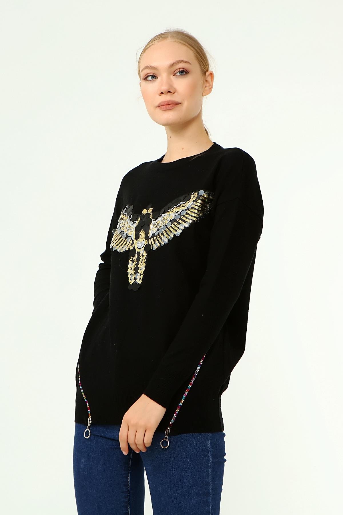 FTZ Women Kadın Önü Kanat Detaylı Kazak  Siyah 21-1035