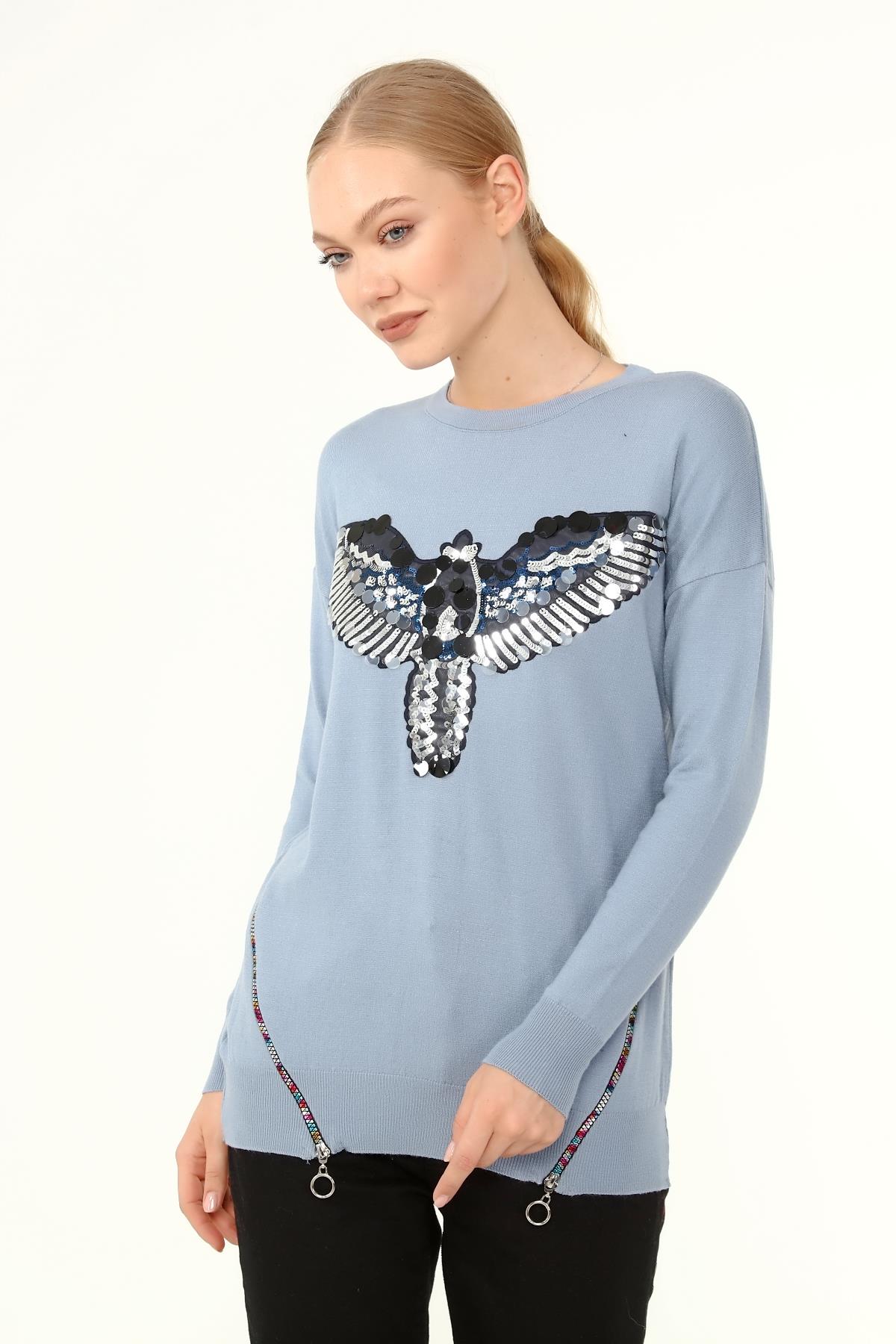 FTZ Women Kadın Önü Kanat Detaylı Kazak  Mavi 21-1035