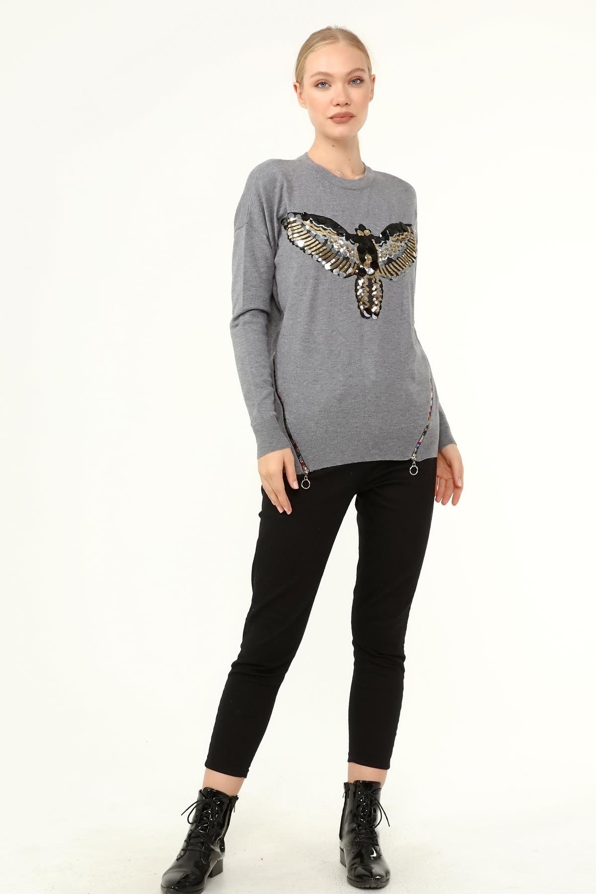 FTZ Women Kadın Önü Kanat Detaylı Kazak  Gri 21-1035