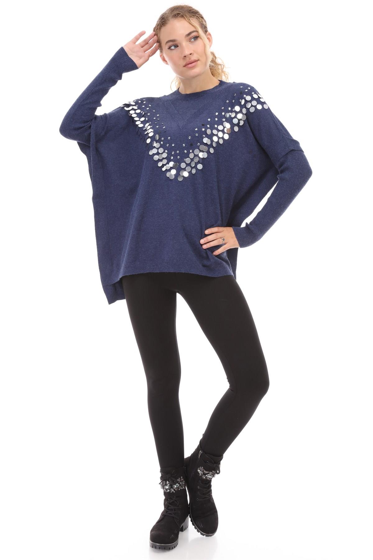 FTZ Women Kadın Önü Pul Payet İşlemeli Triko  İndigo 21-1110