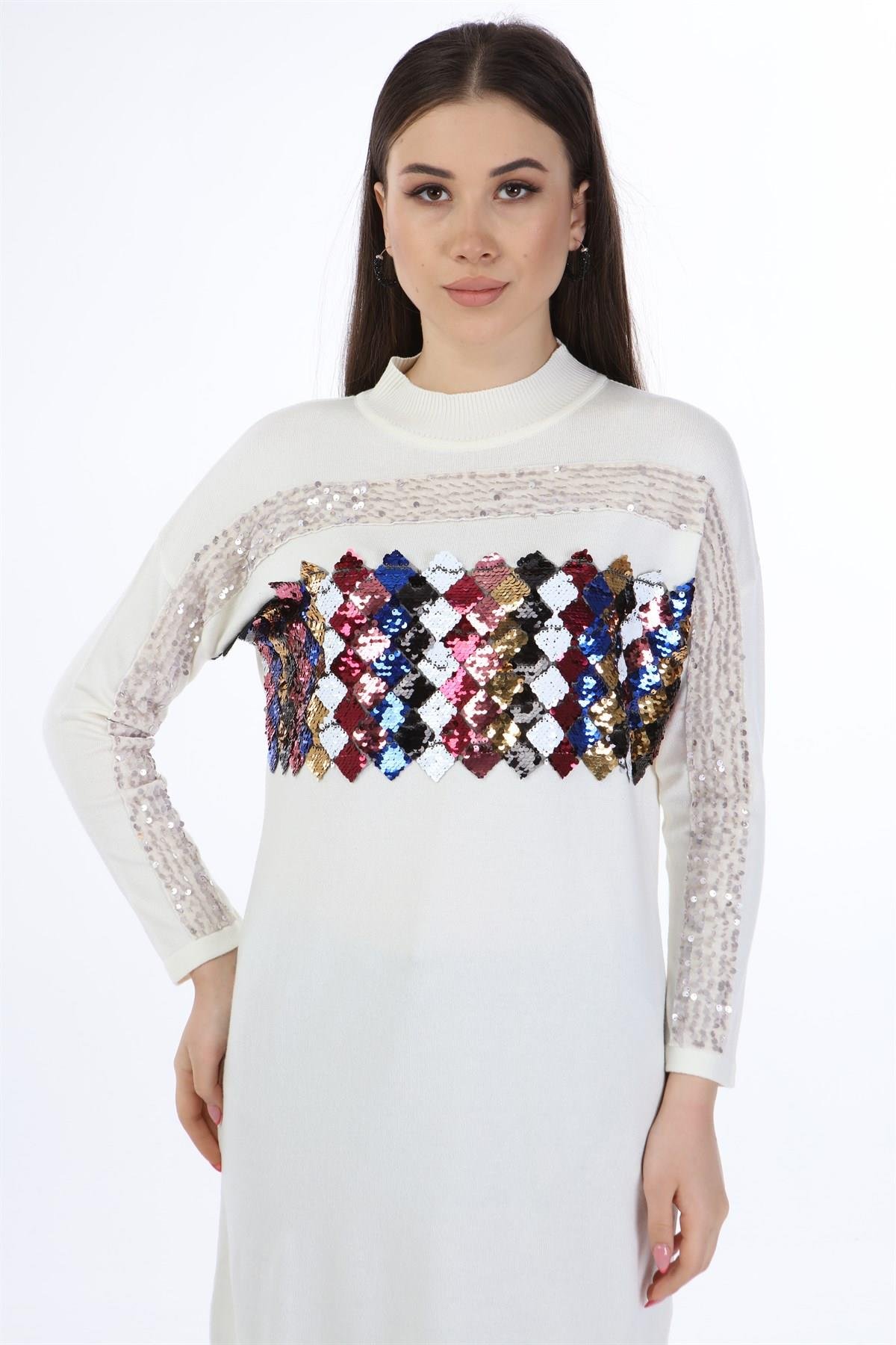 FTZ Women Kadın Önü Pul Payet Triko  Ekru 21-1238