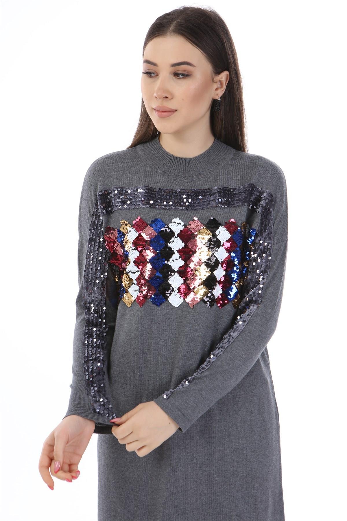 FTZ Women Kadın Önü Pul Payet Triko  Gri 21-1238