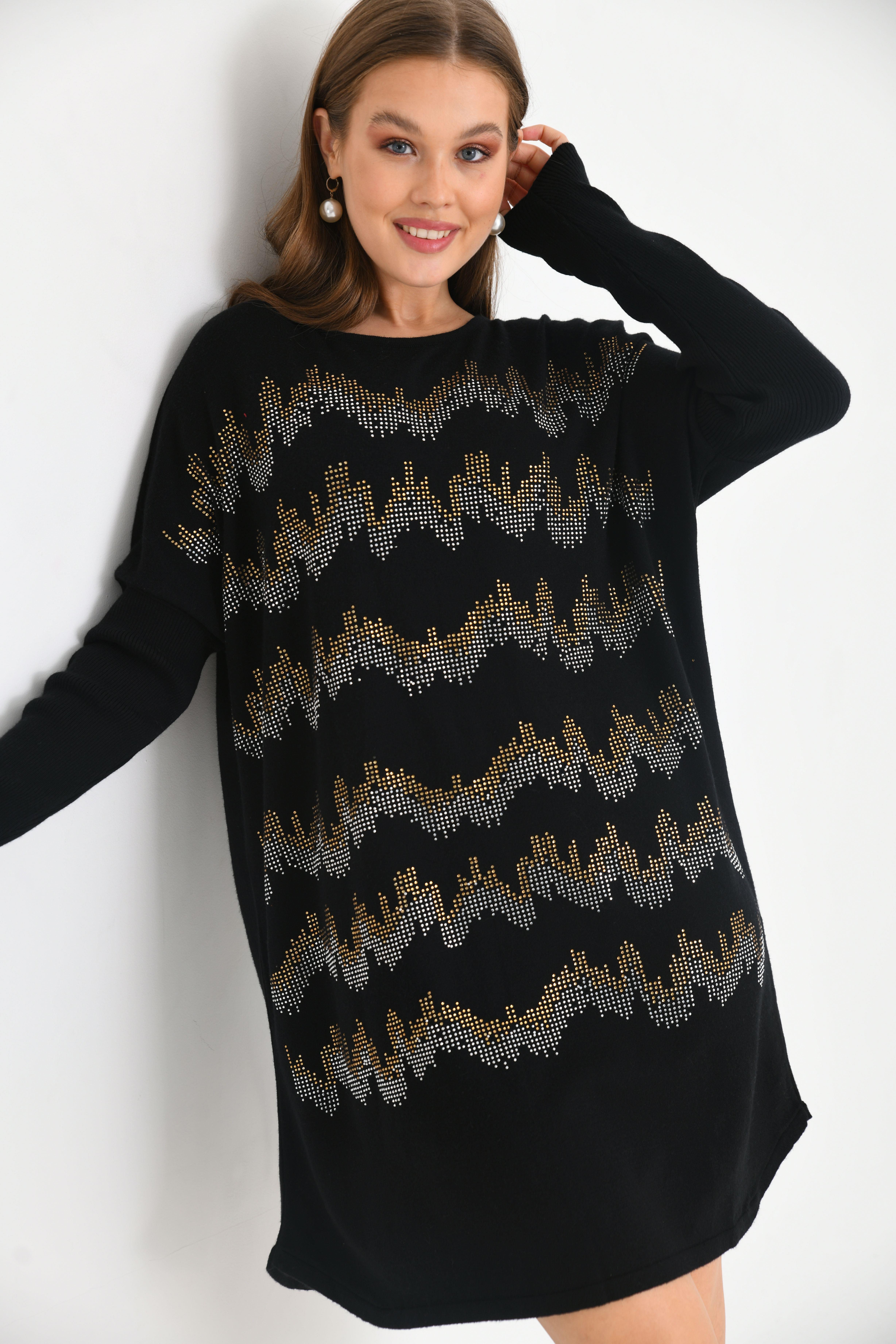 FTZ Women Kadın Önü Taş Detaylı Tunik  Siyah 21-6046