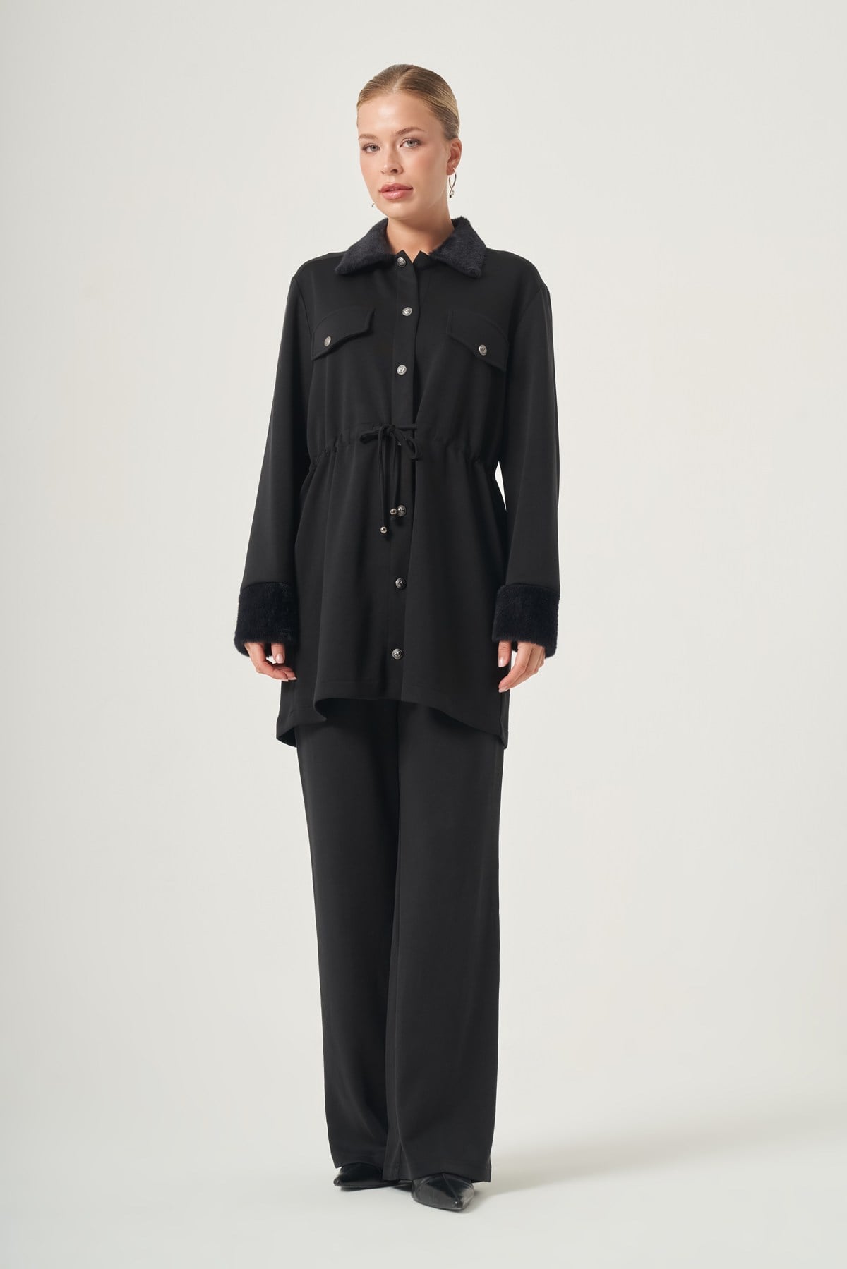 FTZ Women Kadın Peluş Detay Pantolonlu Takım  Siyah 31528