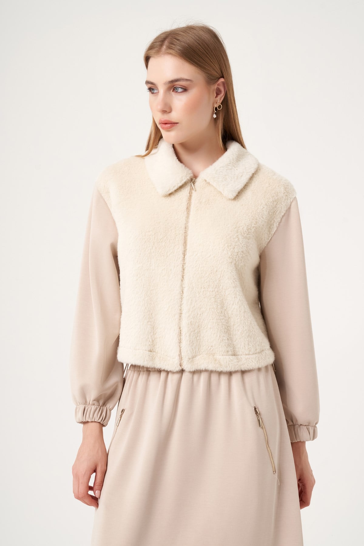 FTZ Women Kadın Peluş Detaylı Etekli Takım  Beige 31527