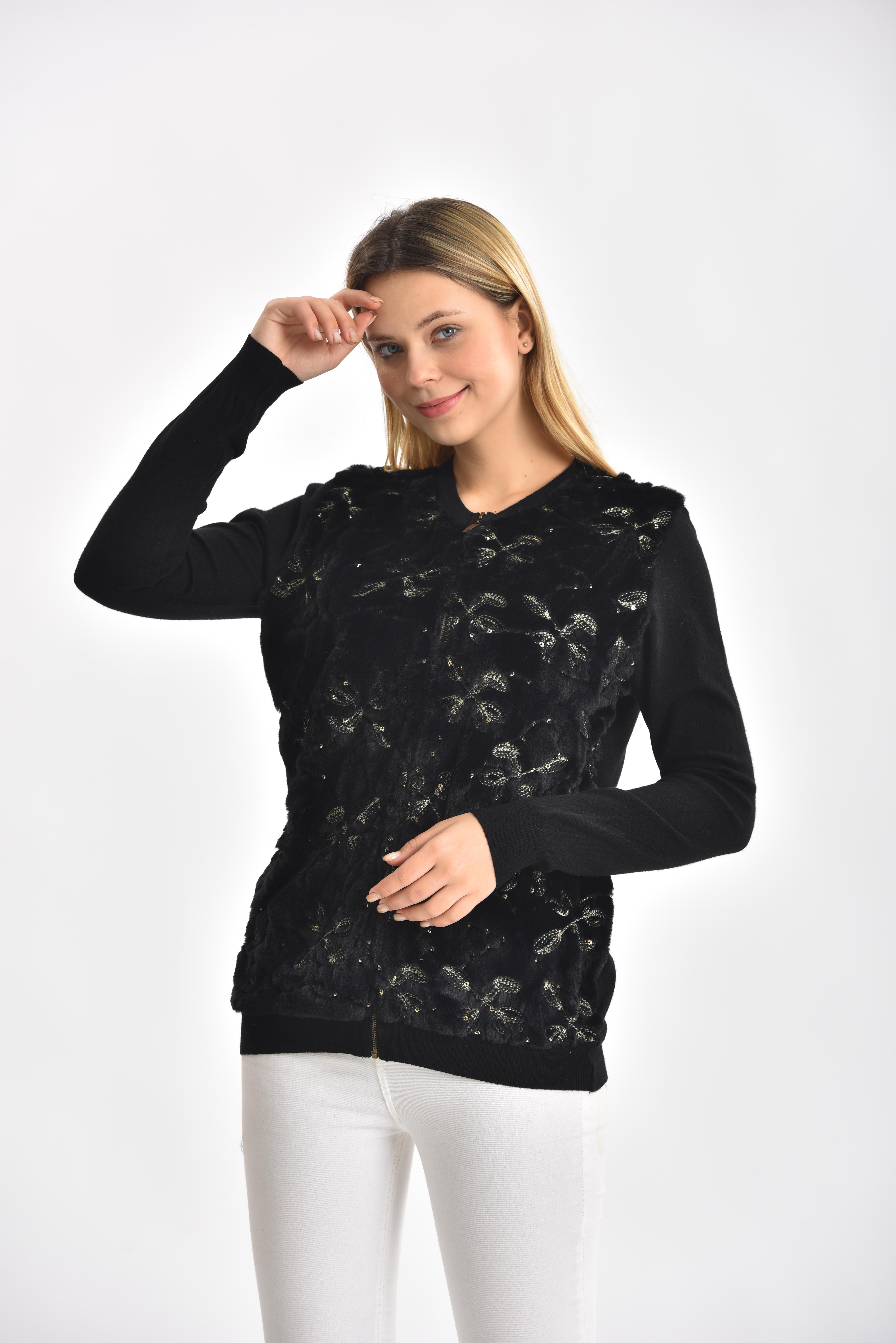 FTZ Women Kadın Peluş Fermuarlı hırka  Siyah 21-1363