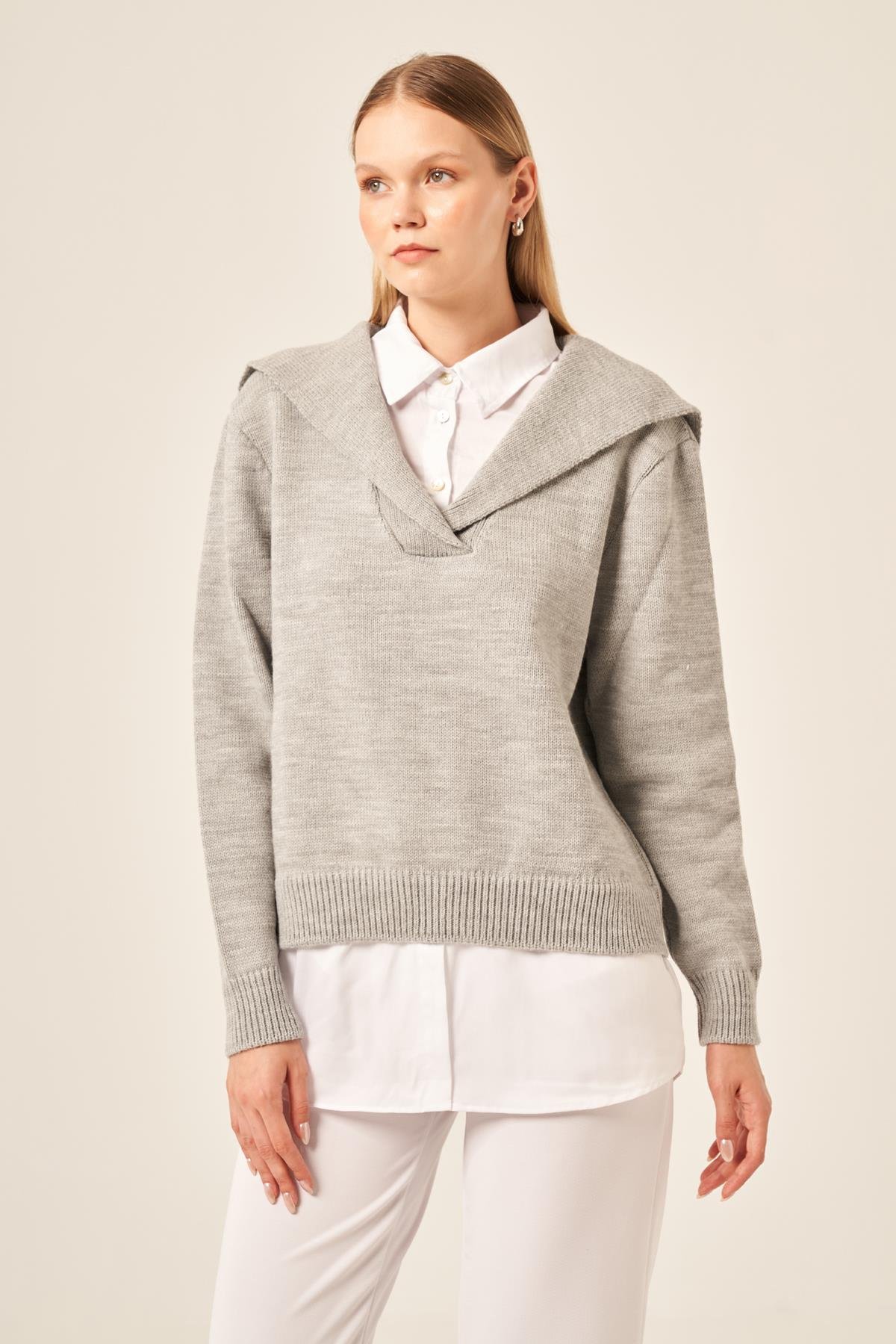 FTZ Women Kadın Poplin Mixli Kazak  Gri 20983