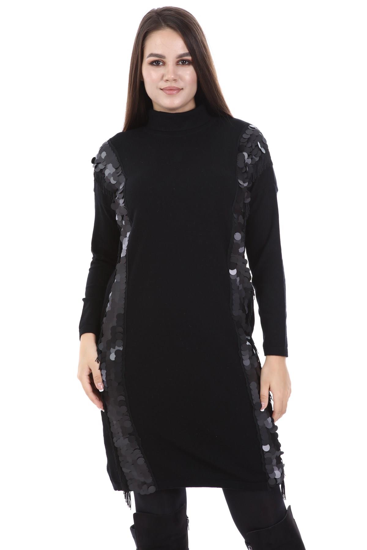 FTZ Women Kadın Pul Payet Detay Tunik  Siyah 21-1332