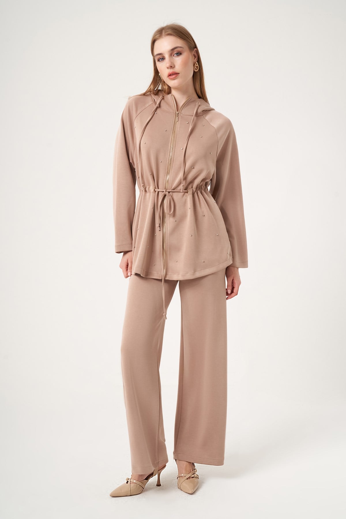 FTZ Women Kadın Rahat Kalıp Taş Baskılı Takım  Camel 31525
