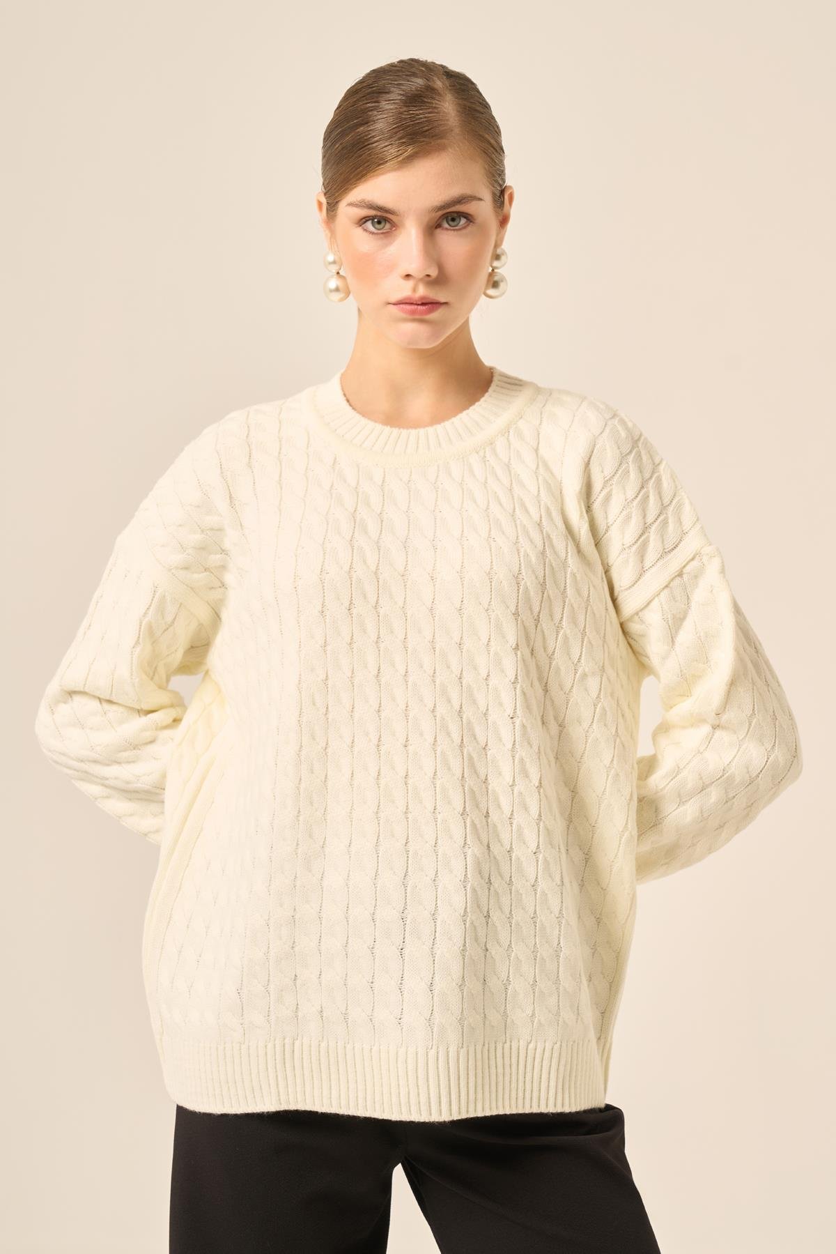 FTZ Women Kadın Saç Örgü Kazak  Ekru 20882