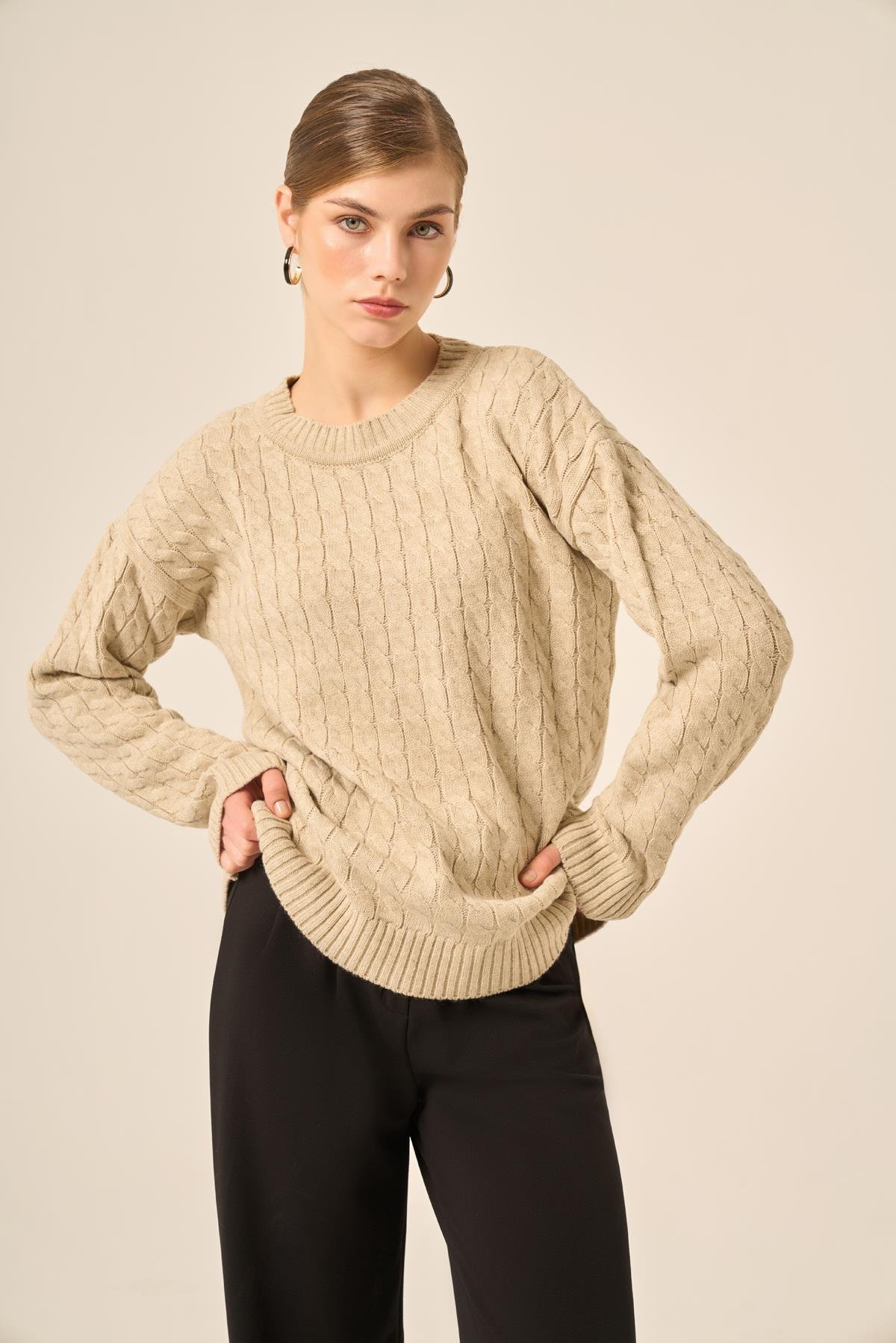 FTZ Women Kadın Saç Örgü Kazak  Taş 20882