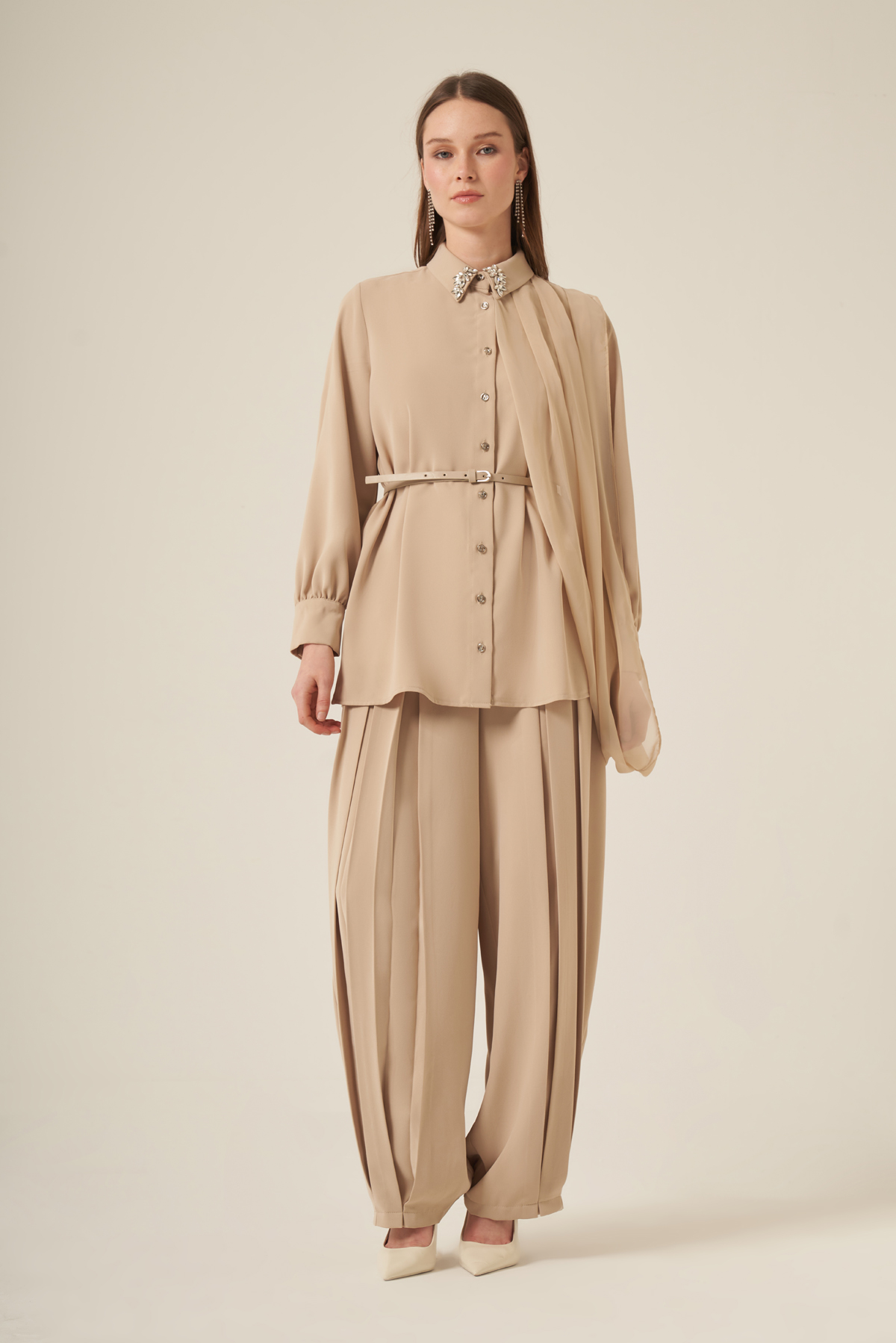 FTZ Women Kadın Şifon Detay Pantolonlu Takım  Beige 31314