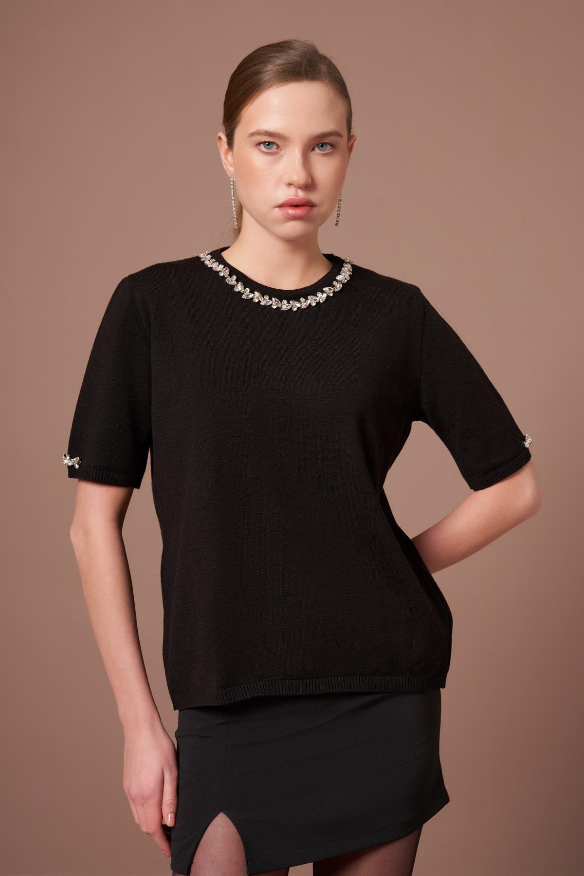 FTZ Women Kadın Strass Taş Detaylı Kazak  Siyah 20893