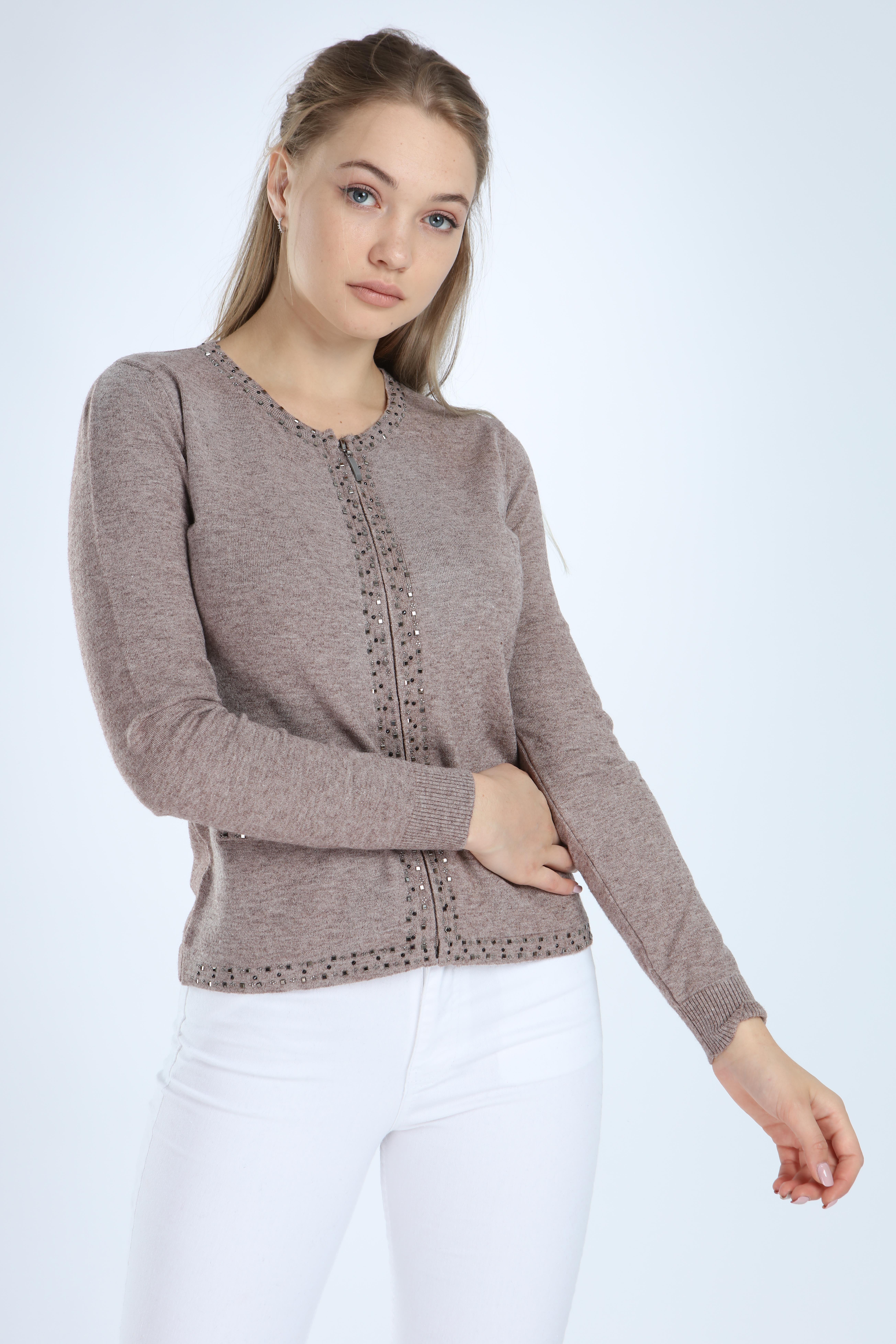 FTZ Women Kadın Taş Detay Hırka  Beige 21-1113