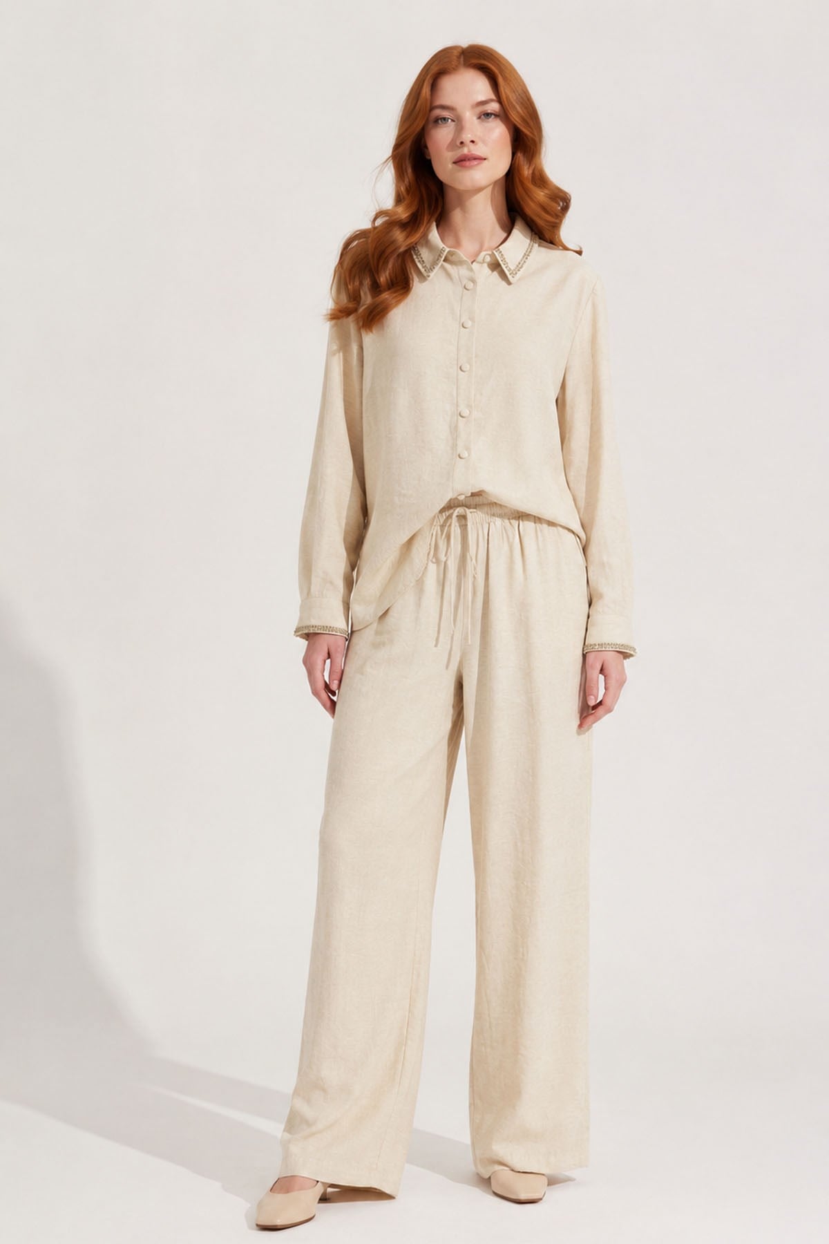 FTZ Women Kadın Taş Detay Keten Takım  Beige 31396