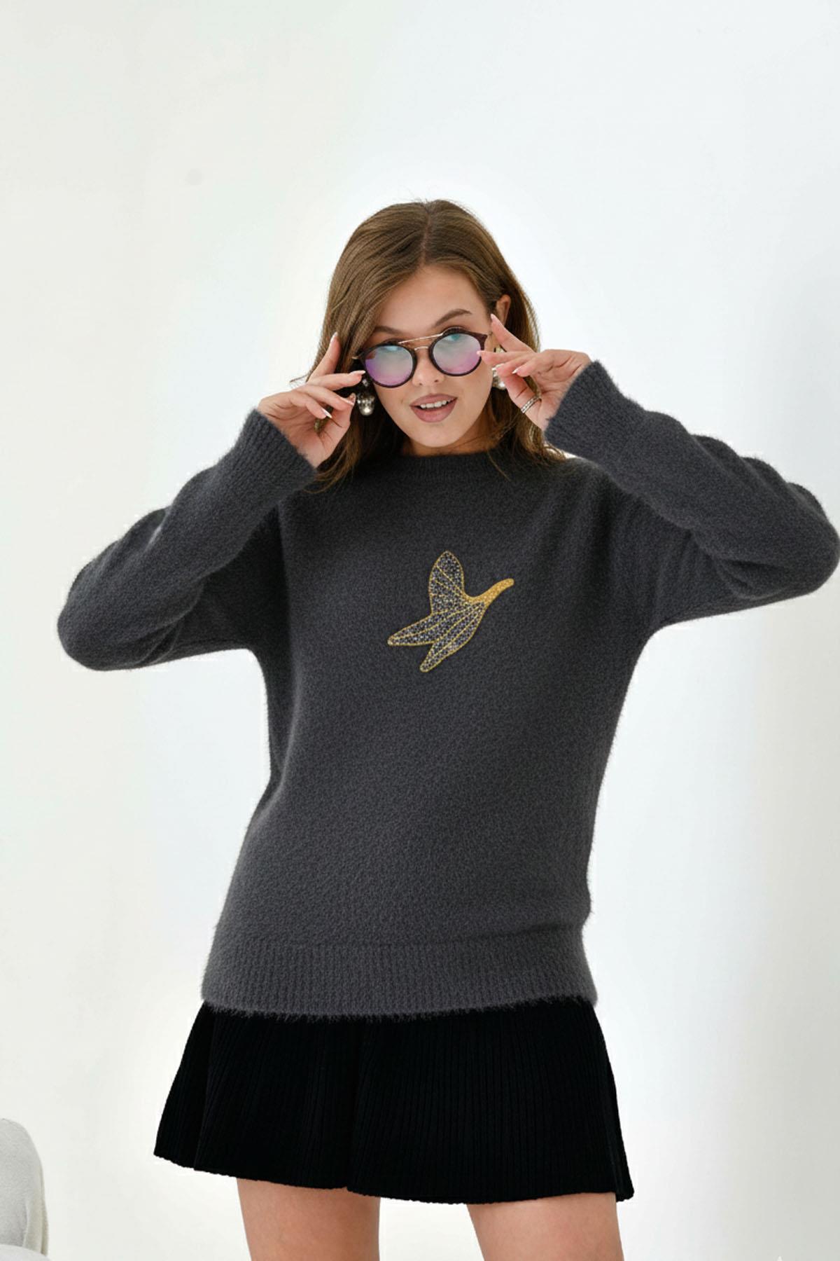 FTZ Women Kadın Taş Detaylı Kazak  Antrasit 20828