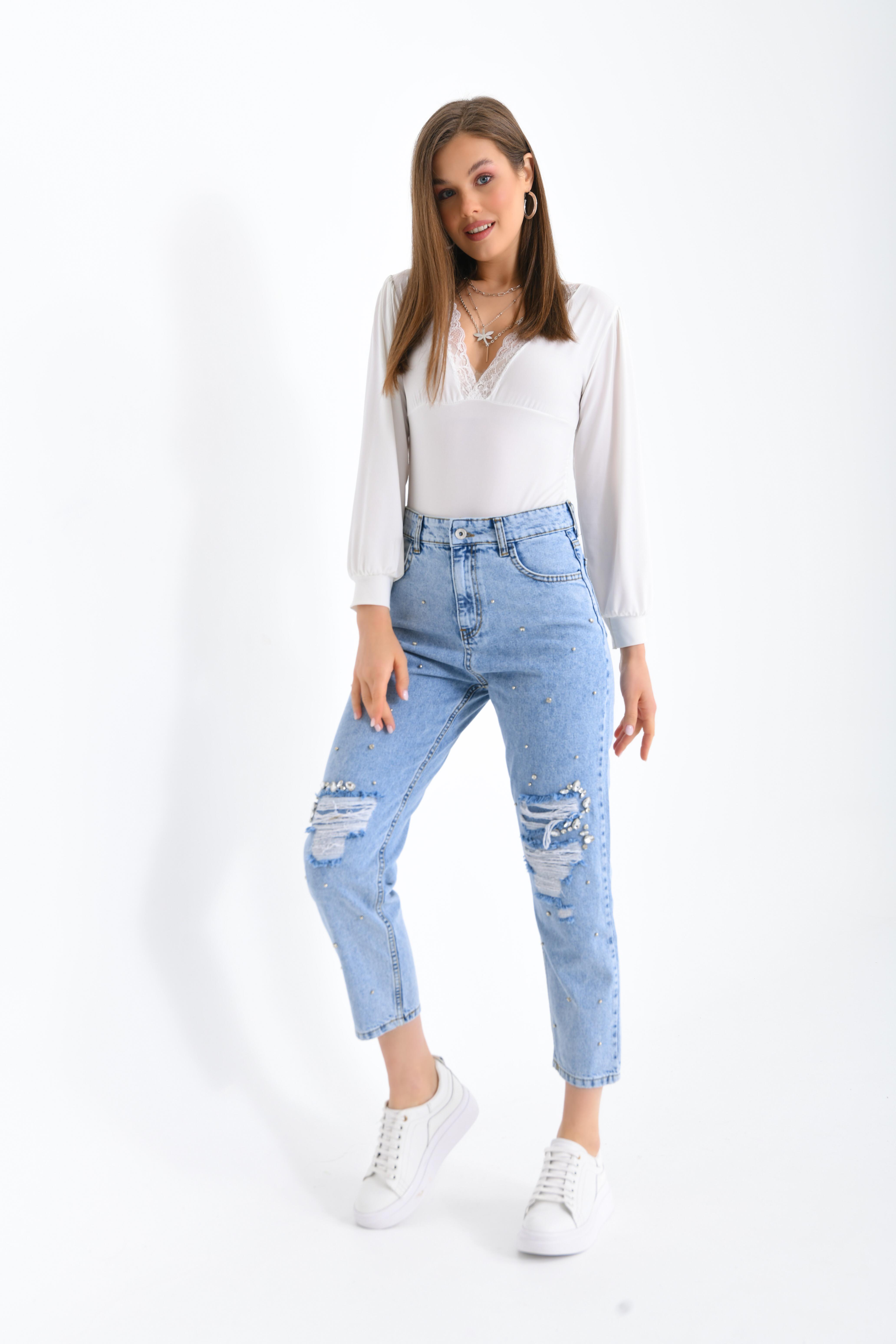FTZ Women Kadın Taşlı Jean Pantolon  Mavi RBN3065